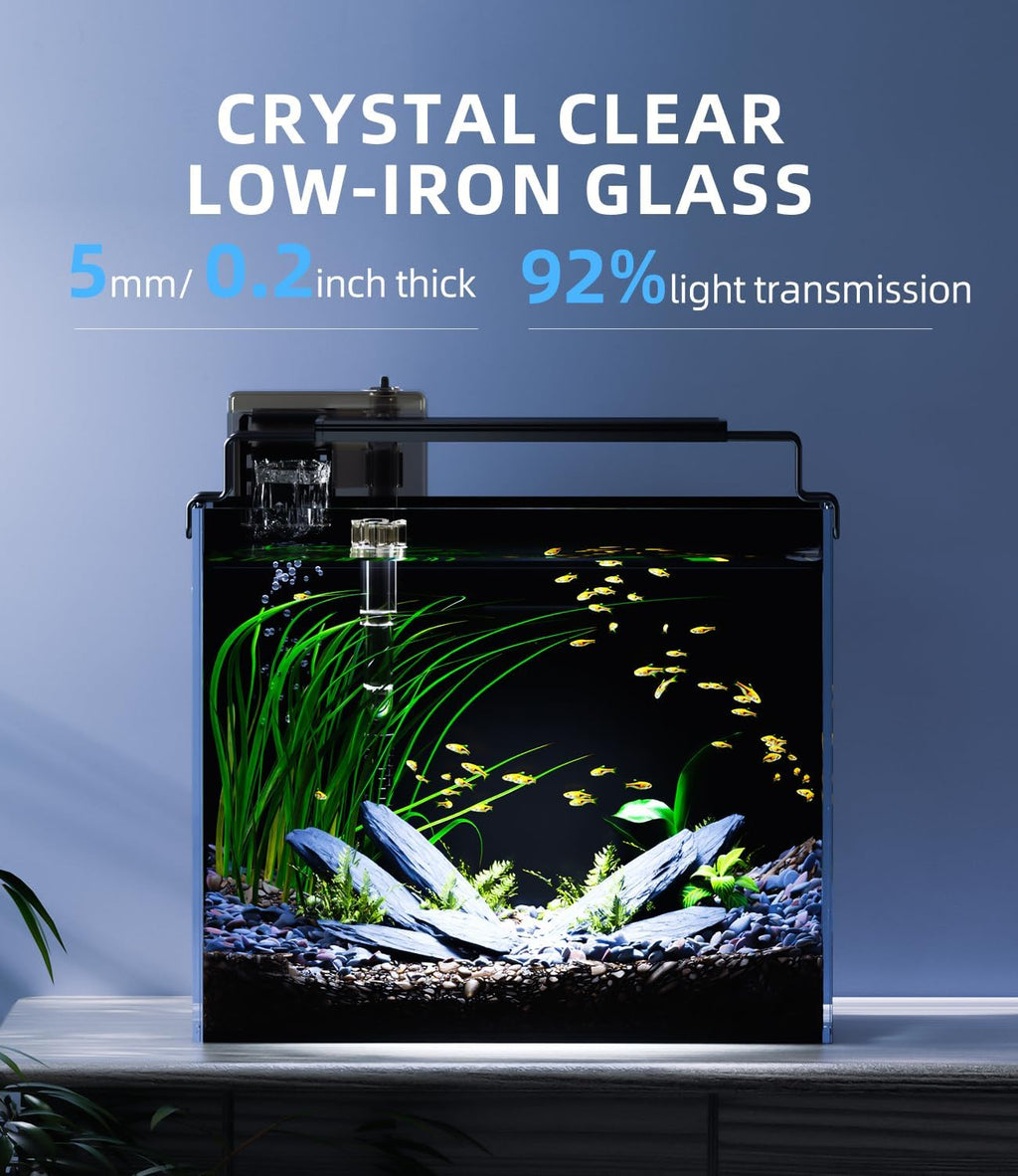 3 Gallon Fish Tank Aquarium Kit with Filter, LED Light with Timer, Siphon Vacuum Cleaner, Lid, Self-Cleaning Glass Rimless Betta Tank