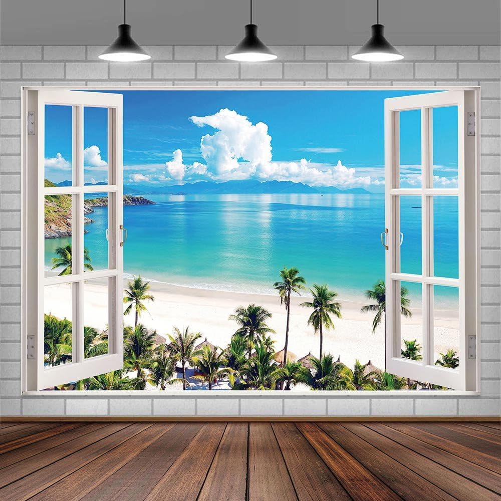 Summer Beach Window Backdrop, Hawaii Tropical Island Palm Leaves Ocean Photography Backdrop, Wedding Pictures Birthday Party Backdrop Photo Booth Props, 7X5FT