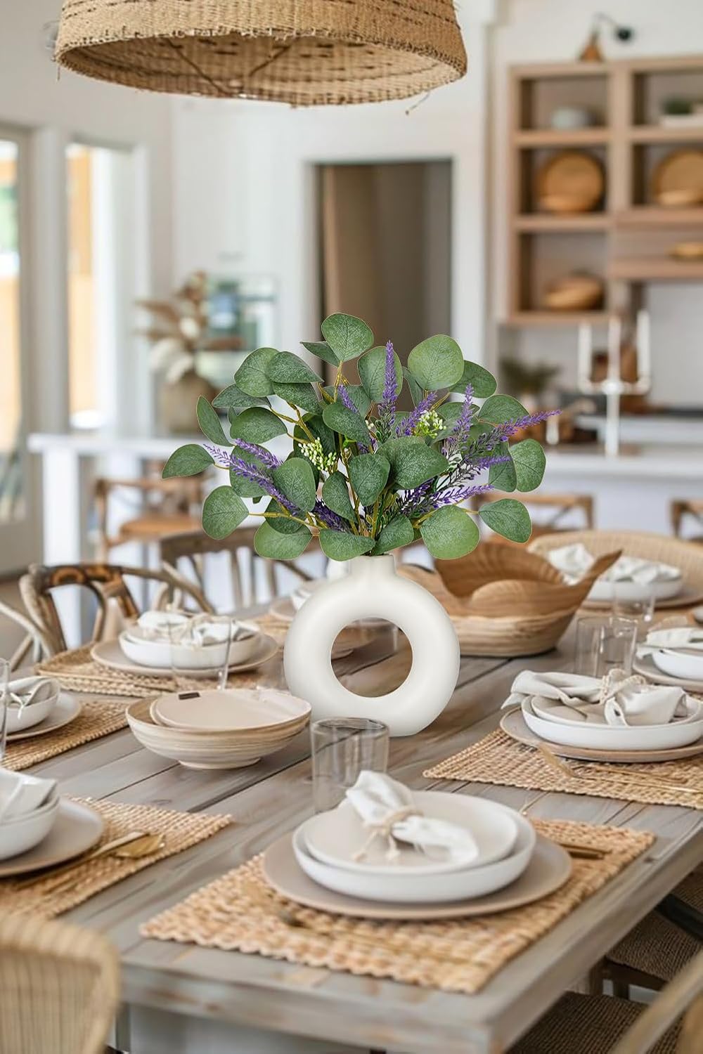 Artificial Eucalyptus Stems in Ceramic Vase 14.23" Fake Eucalyptus Plant Decor White Donut Vase with Greenery Centerpiece Table Decorations Small Faux Green Plant for Home Farmhouse Wedding Table
