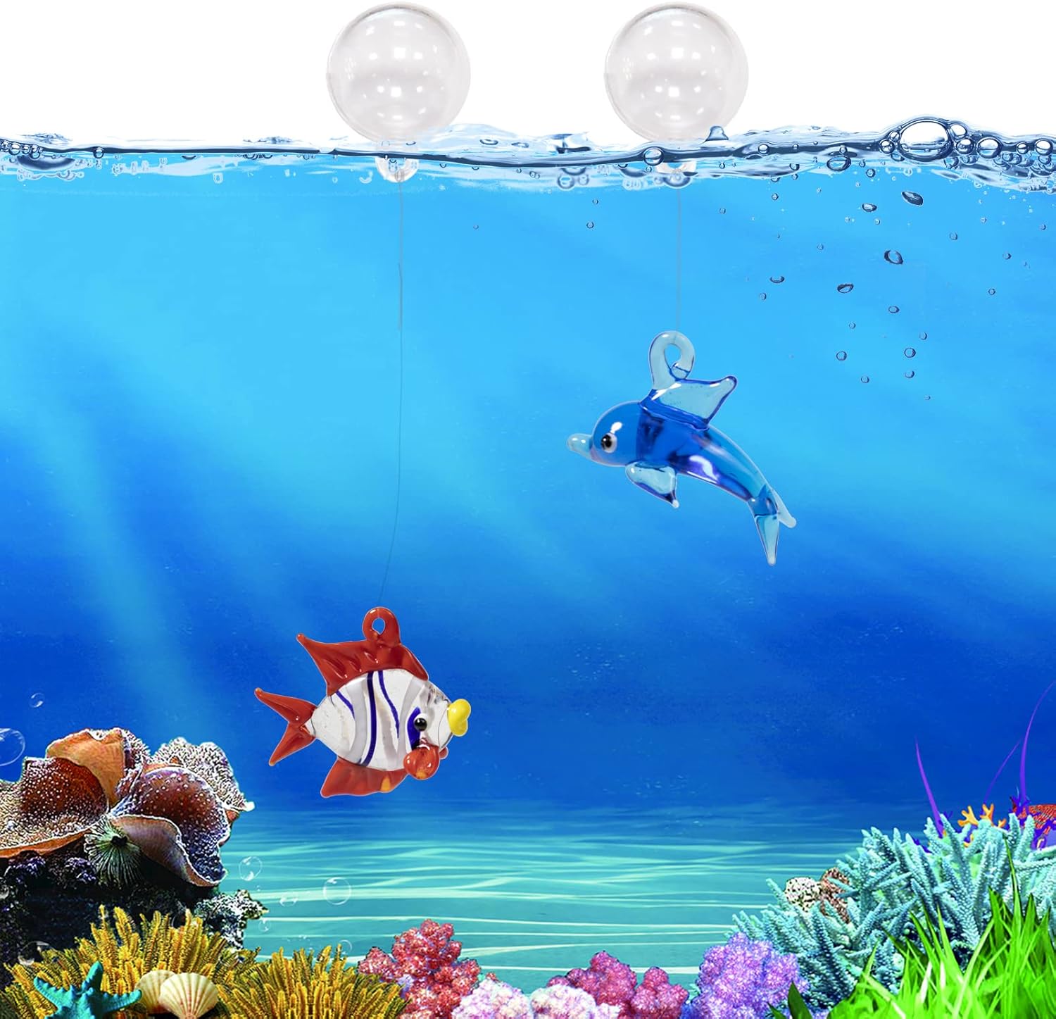 Aquarium Ornament, Cute Fish Tank Decorations Floating Fish&Dolphin with Floating Device, Glass, 2 Pack, Red and Blue, Fish Tank Accessories
