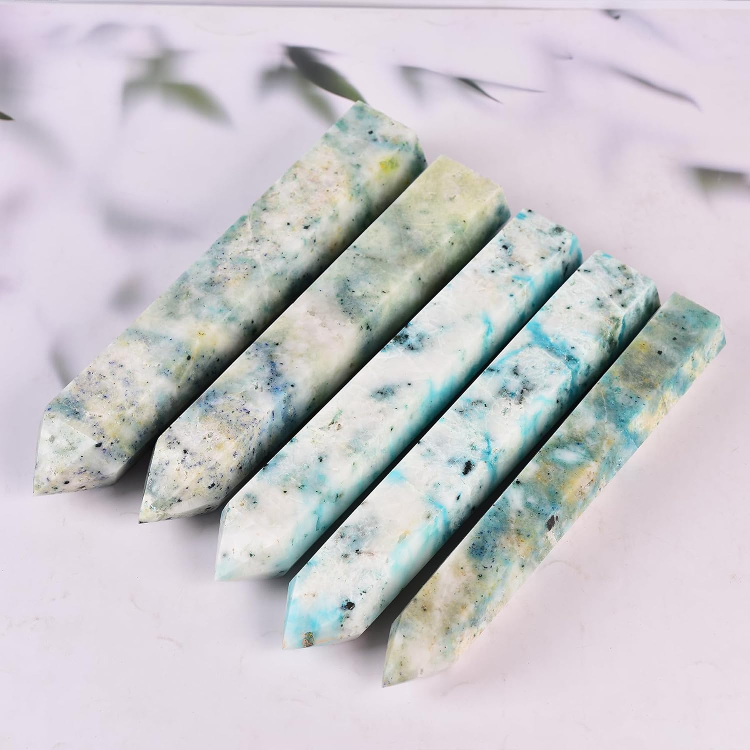 JIC Gem Natural Large Phoenix Pine Obelisk Quartz Crystal Wand Tower Point 6 Faceted Column Chrysocolla Crystal Healing Wand Reiki Decor 2.2-2.6 Lbs