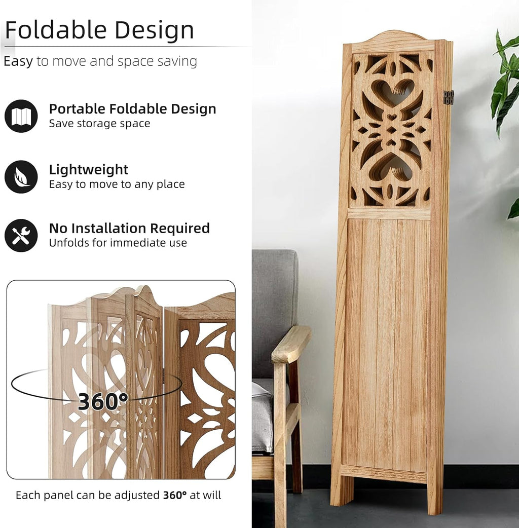 4 Panels Room Divider, 5.6Ft Carved Room Divider Wall and Foldable Divider Screens, Folding Privacy Screen, Folding Portable Partition Screen, Creative Divider Panel - Natural