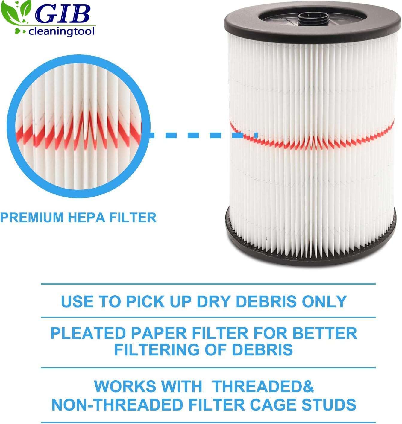 GIB cleaningtool 17816 Filter for Craftsman Shop Vac Filter 5/6/8/12/16/32 Gallon Wet/Dry Vac Filter with 3-Pack CMXZVBE38749 Dust Collection Bags for Craftsman 16 to 20 Gallon Shop Vacuum Cleaner