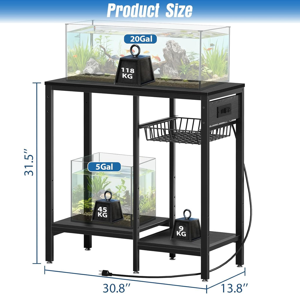 Livofloral 20 Gallon Fish Tank Stand with Power Outlet, Metal Aquarium Stand with Adjustable Shelves, Ample Storage for Filter and Fish Tanks Accessories, Reptile Tank Stands, 660 LBS, Black