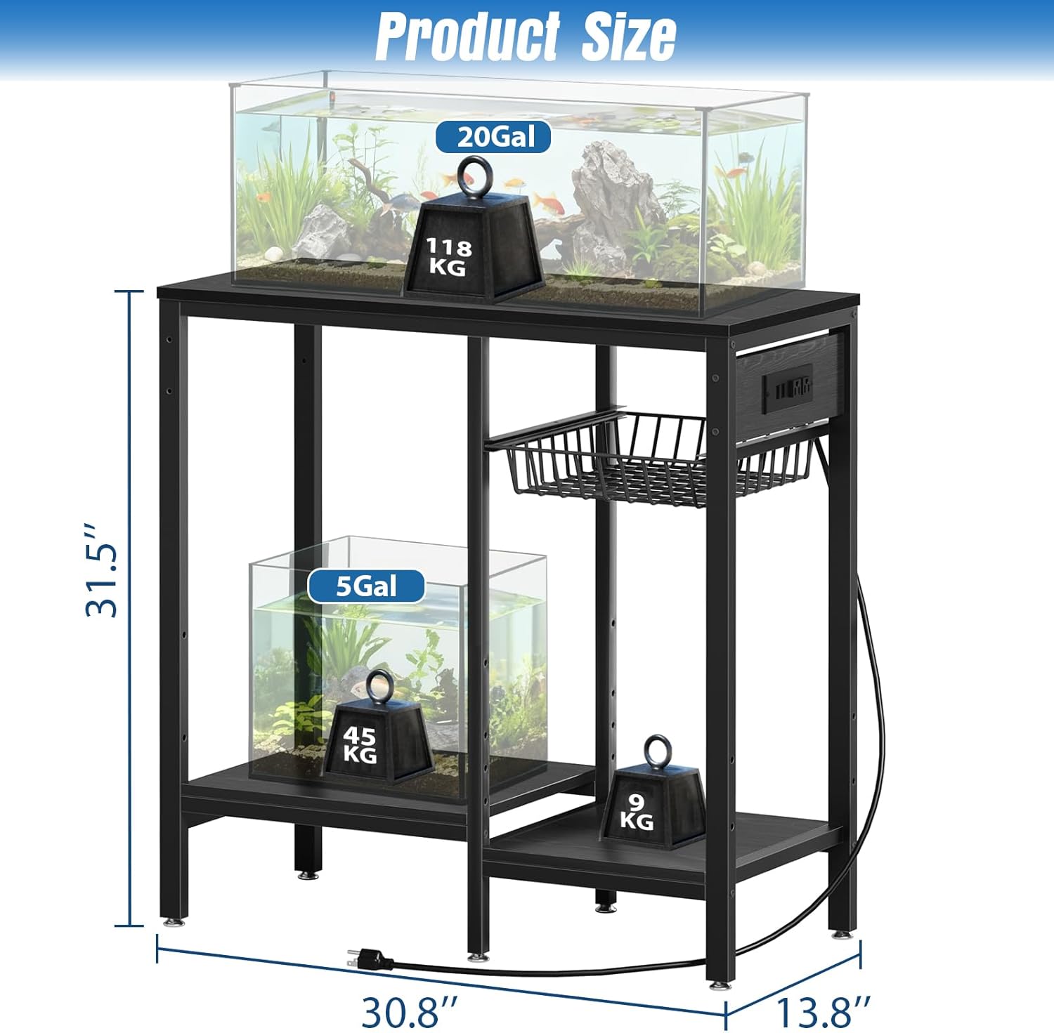 Livofloral 20 Gallon Fish Tank Stand with Power Outlet, Metal Aquarium Stand with Adjustable Shelves, Ample Storage for Filter and Fish Tanks Accessories, Reptile Tank Stands, 660 LBS, Black