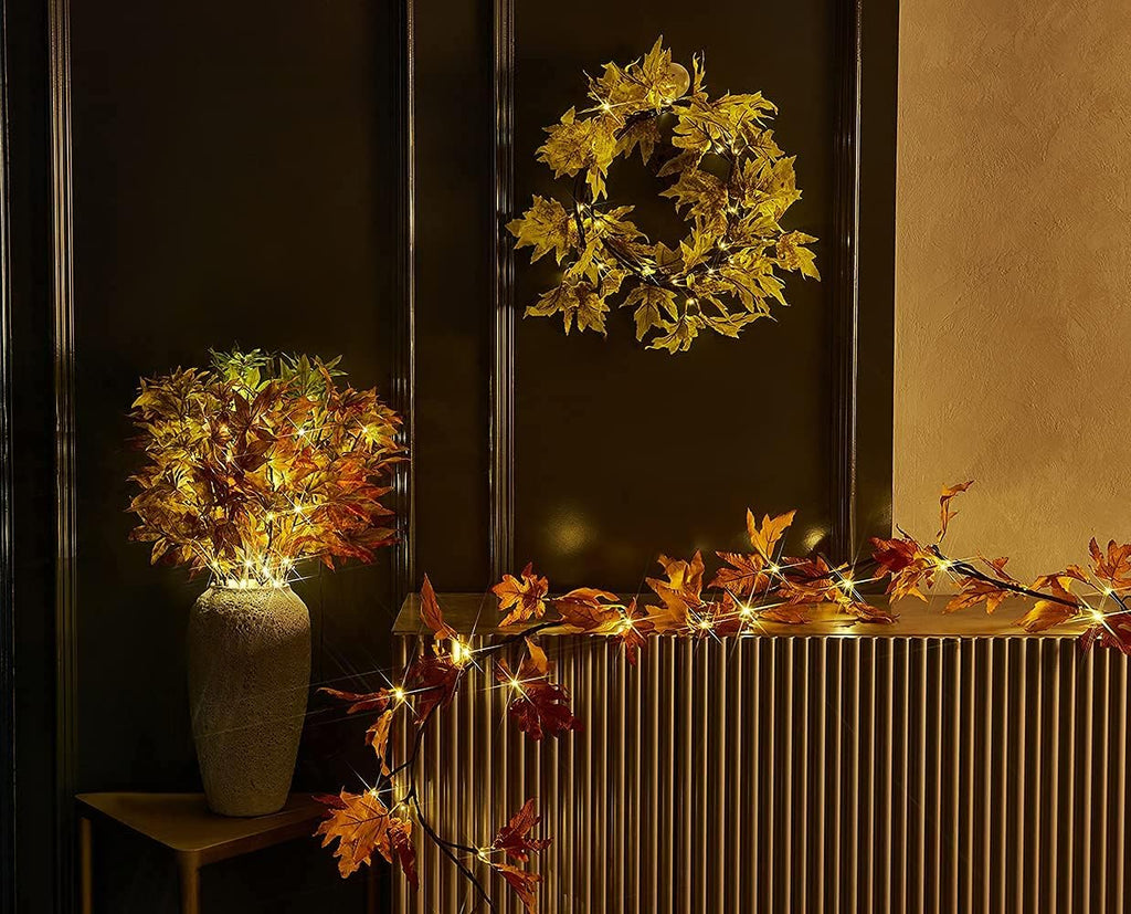 Hairui Lighted Maple Leaf Garland with Timer 6FT 24 Warm White LED, Fall Garland with Lights Battery Operated for Thanksgiving Harvest Christmas Wedding Decoration Indoor Outdoor