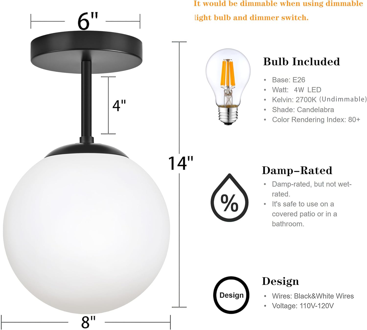 Globe Semi Flush Mount Ceiling Light, Mid Century Modern Light Fixture Ceiling, Milk Glass with Matte Black Finish, Living Room Kitchen Bedroom Hallway Storage Schoolhouse Laundry(LED Bulb Incl.)