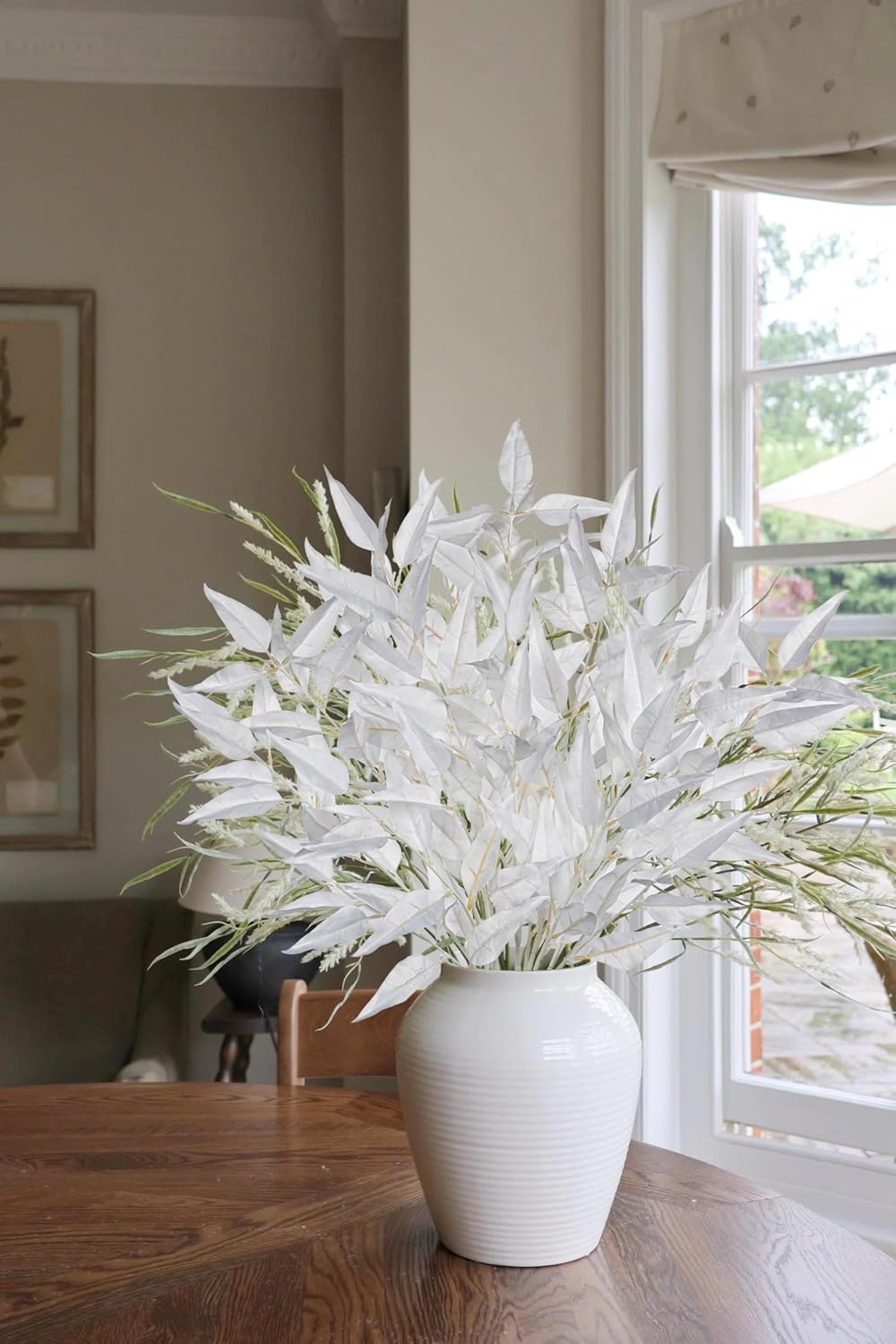 DILATATA Faux White Eucalyptus Stems – 32” Artificial Willow Leaves, 5 Pcs Long White Eucalyptus Branches for DIY Bouquets, Centerpieces, Shower & Wedding Decorations