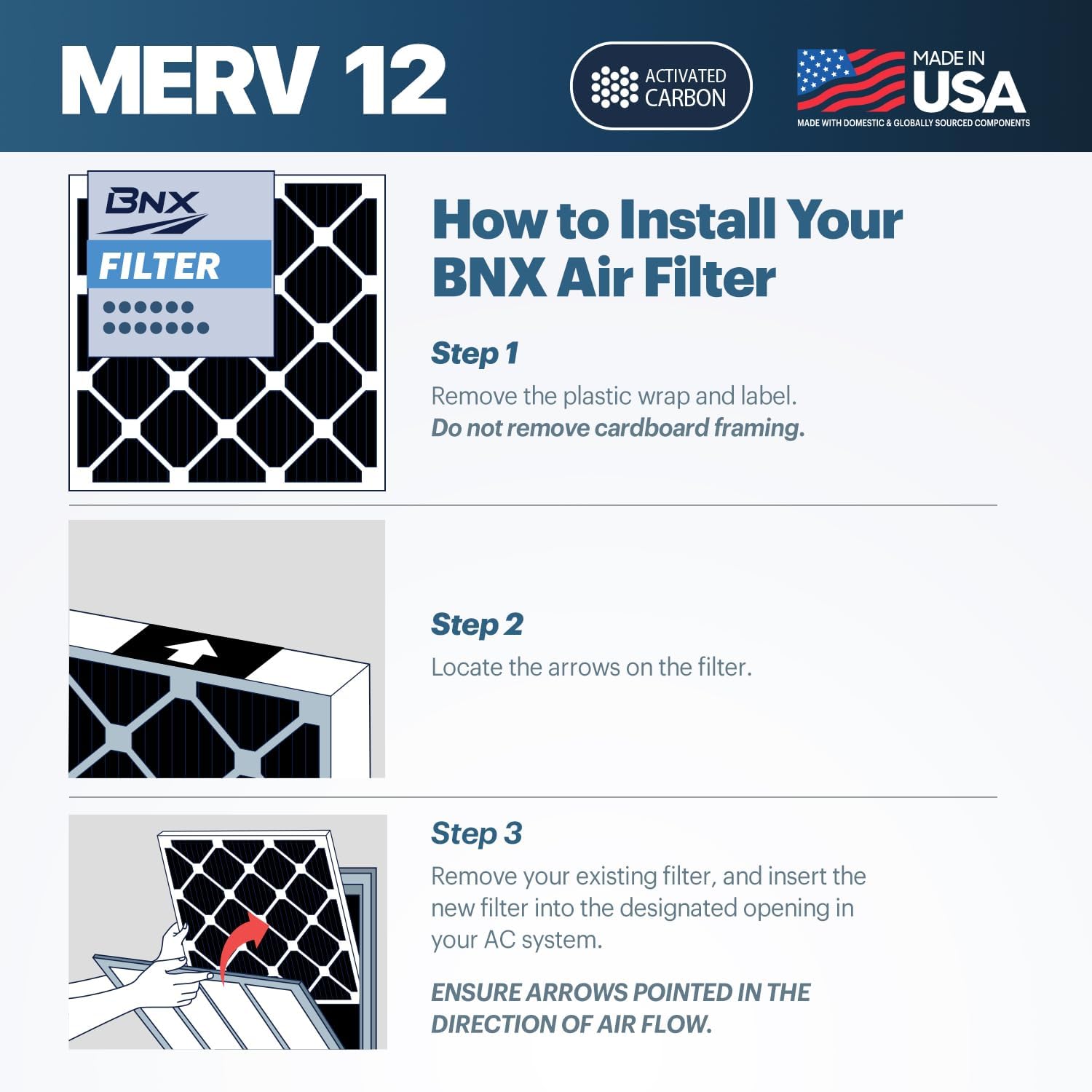 BNX TruFilter 20x25x5 (19.88’’ x 24 75’’ x 4.38‘ Honeywell Compatible 4”) MERV 12 Activated Carbon Air Filter (2-Pack) - MADE IN USA - Air Conditioner Furnace Filters for Odor, Mold, Bacteria, Smoke