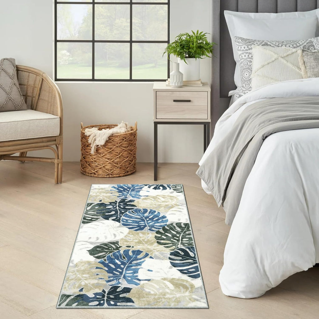 Wonnitar 2x4.3 Laundry Room Rug Runner, Tropical Leaf Non-Slip Washable Bathroom Runner, Small Low Pile Entry Mats Soft Non-Shedding Accent Carpets for Kitchen Door Entrance, Blue