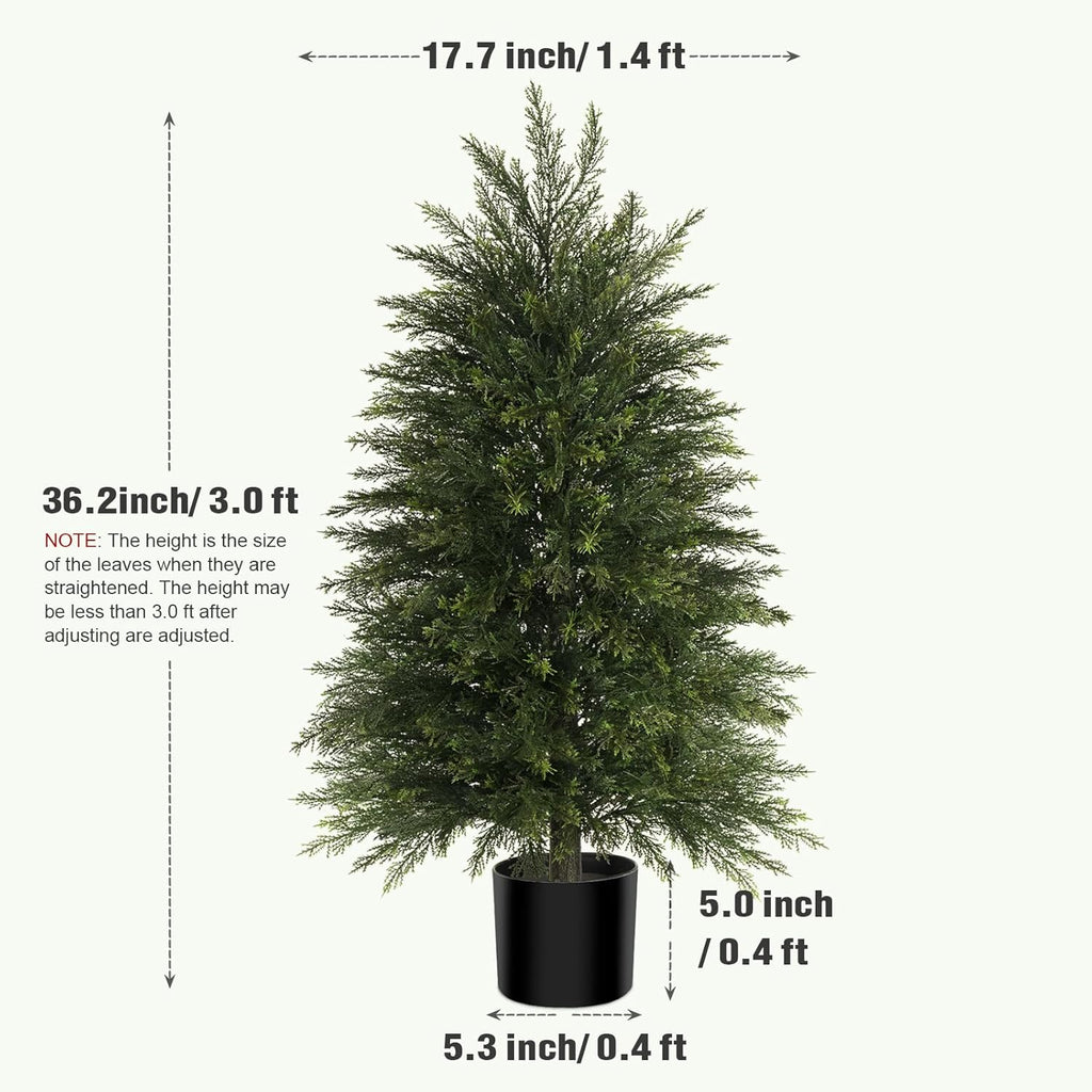 3FT Artificial Cedar Trees Set of 2, Realistic Faux Evergreen Topiary Bushes Plants, Outdoor Potted Fake Cypress Shrubs for Front Porch Garden Home Living Room Decor