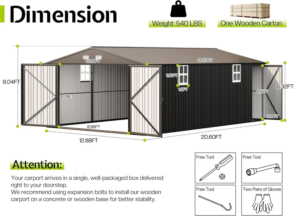 Jocisland 13.2x20.7x8.4 FT Heavy Duty Metal Carport, Car Canopy with 2 Lockable Doors & 4 Windows, All-Weather Car Shelter for Boat, Truck, Tractor, Equipment Storage, Dark Gray