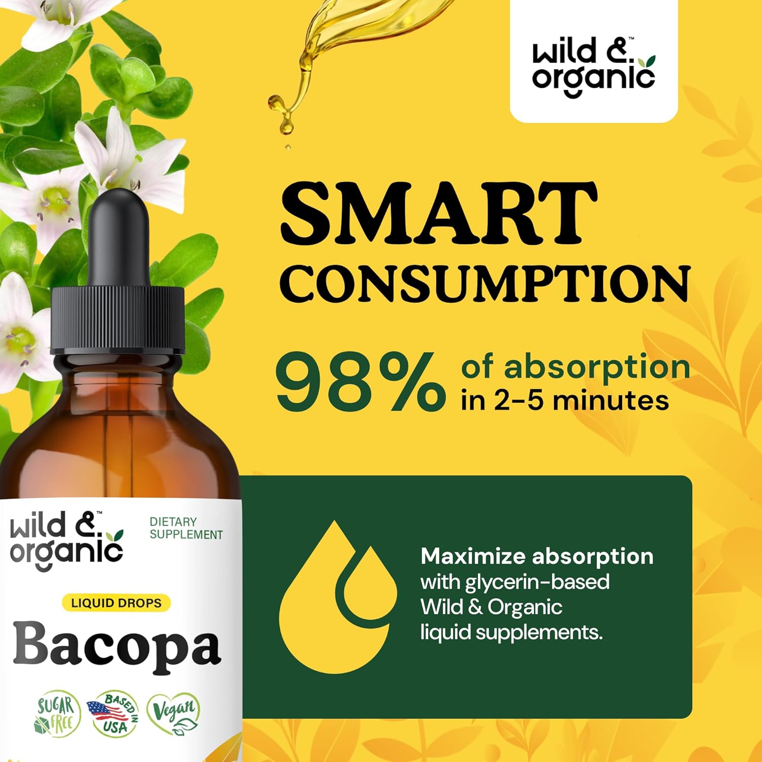 Wild & Organic Bacopa Liquid Drops - Herbal Tincture for Brain Support - Vegan Supplements with Bacopa Monnieri Extract Liquid - 5-Month Supply - Sugar & Alcohol-Free - 4 fl oz
