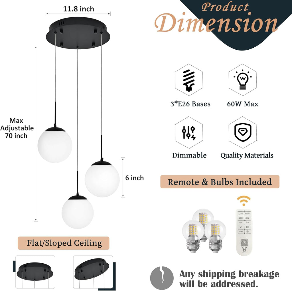KoKo&Yukina 3 Light Globe Glass Pendant Light Modern Black Globe Chandelier Adjustable Length Pendant Light Fixtures Milky White Glass Ceiling Light for Foyer Hallway
