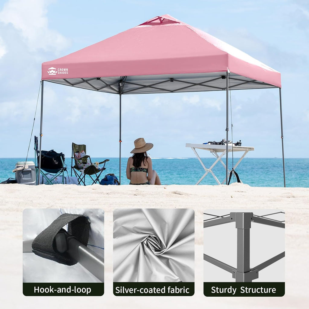 CROWN SHADES Adjustable Height on The Fly, 10x10 Pop Up Canopy - Beach Tent with One Push Setup - Easy Outdoor Sun Shade for Events, Parties, Camping - Outside Shade with STO-N-Go Bag, Pink