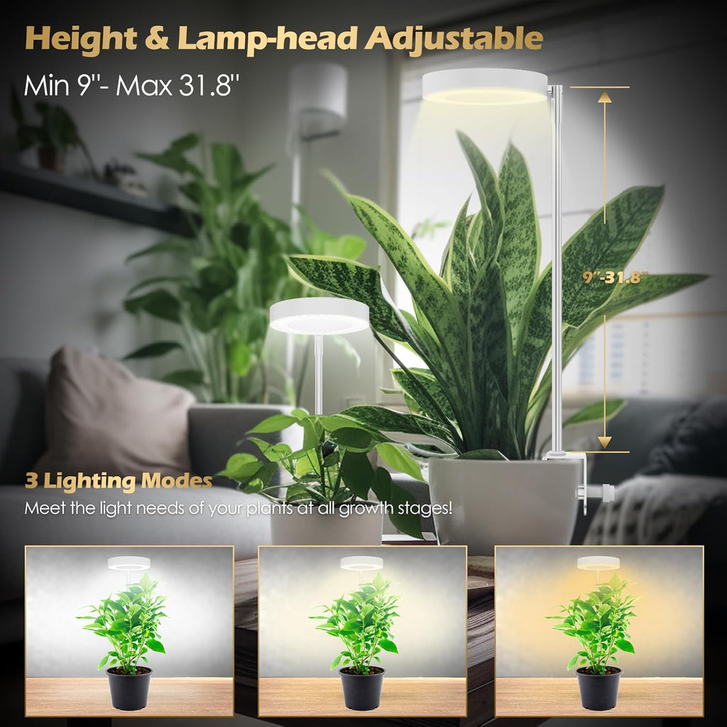 GLOWRIUM Grow Lights for Indoor Plants, Full Spectrum LED Grow Light Floor Lamp with Stand Adjustable Height and Angle, Black Plant Light with 3/9/12H Grow Light Timer (White, 12W)