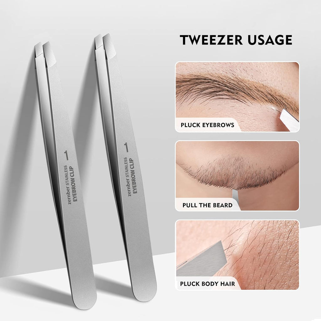 Flat and Slant Tip Tweezers of 2 Pack, Stainless Steel Precision Tweezer for Women Eyebrow & Hair Removal