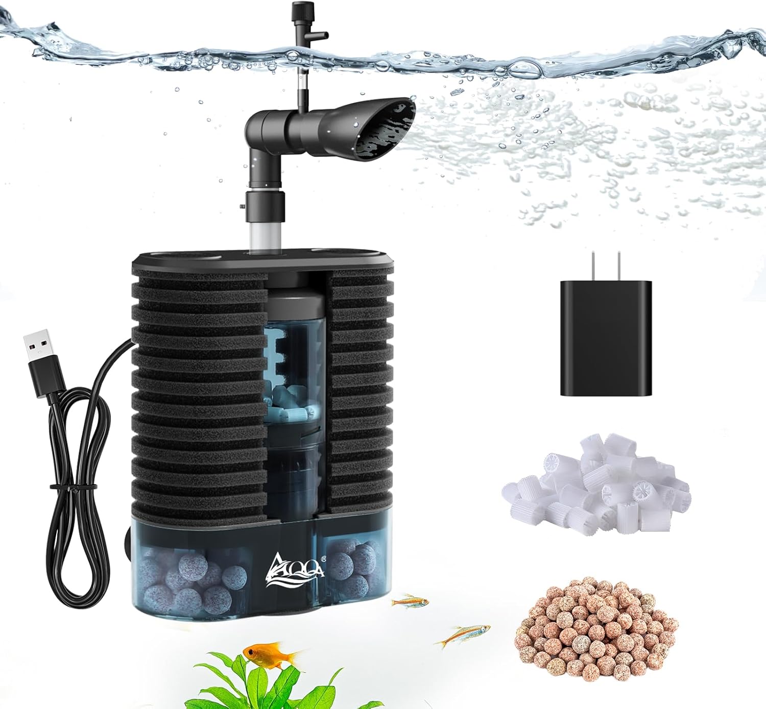 AQQA USB Aquarium Filter DC 5V Whisper Fish Tank Sponge Filter Triple Filtration with Bio Media & Fluidized Bed Adjustable Flow Filter for Up to 26 Gal Freshwater or Saltwater Aquariums (3W 66GPH)