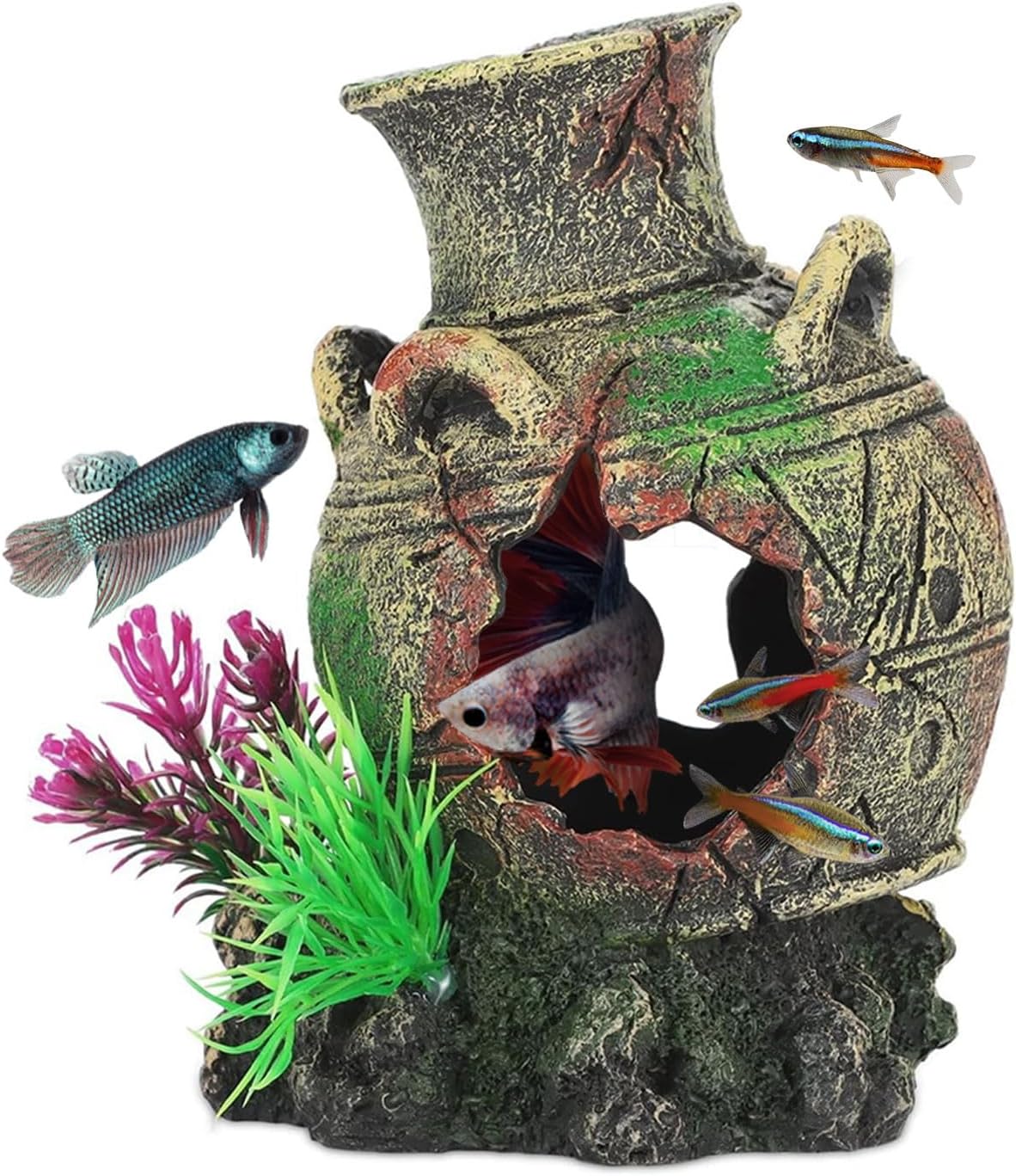 UNEAK - Aquarium Decorations Big Cave Fish Tank Large Vase Jar Jug Sunken Ornament Landscaping Rocks Saltwater Freshwater Small & Medium Fish Garden Pond Ornaments Resin