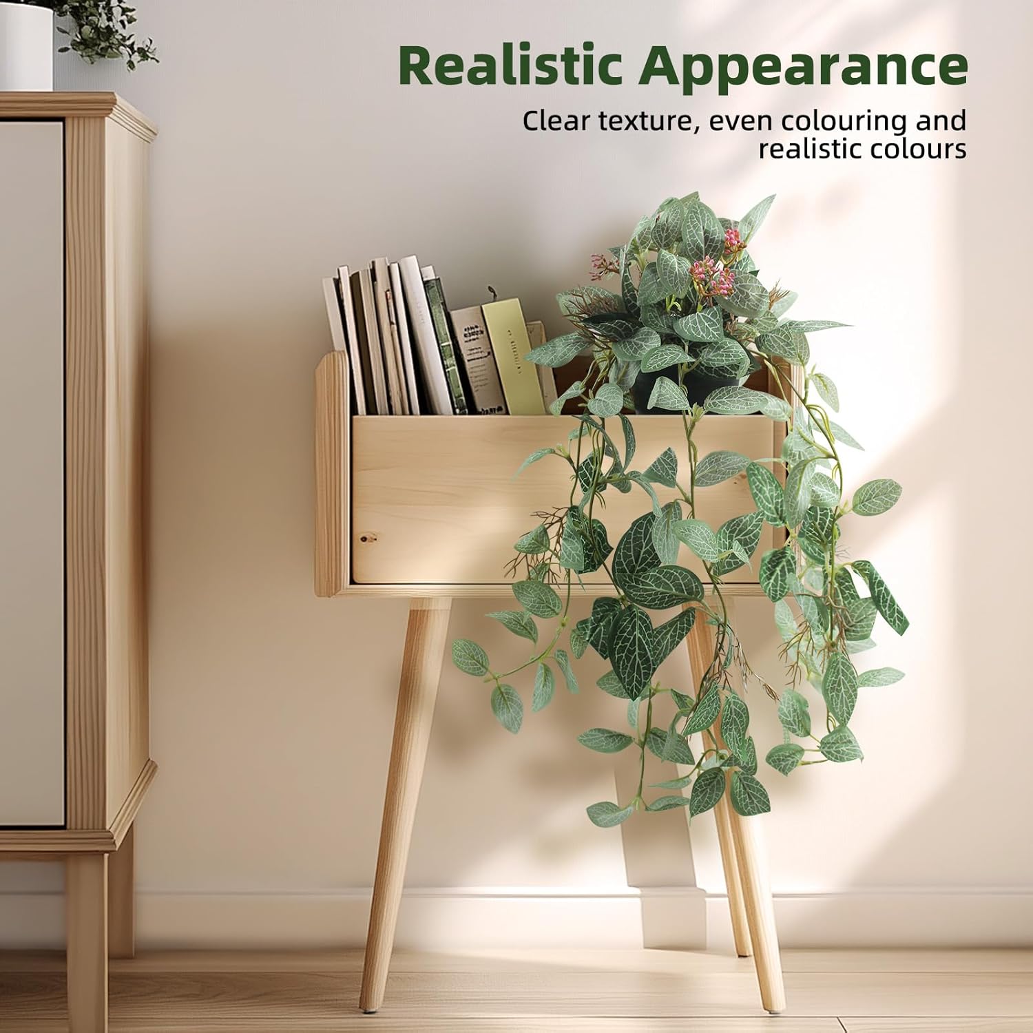 2 Pcs Artificial Hanging Plants Realistic Watermelon Texture with Flower Buds Fake Potting Leaves Faux Peperomia Vine Green Plants for Indoor Outdoor Home Garden Decor