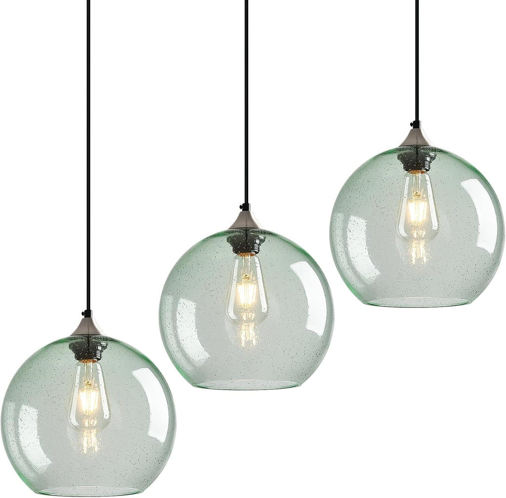 Light Green Glass Pendant Lights Kitchen Island Globe Pendant Light Fixtures Modern Pendant Lighting for Bedroom Living Dining Room Light Fixture (9.84 in, 3 Pack)