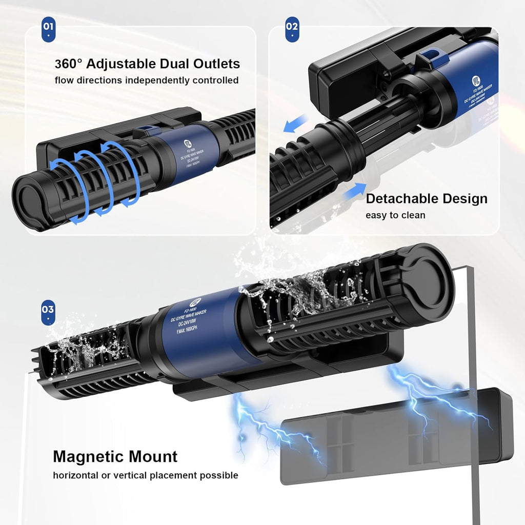 FZONE Wave Maker for Aquarium, 24V DC Gyre Wavemaker with LED Display Controller, Adjustable Cross Flow, Quiet Powerhead with Magnetic Mount for Saltwater & Freshwater Tanks (1600 GPH)