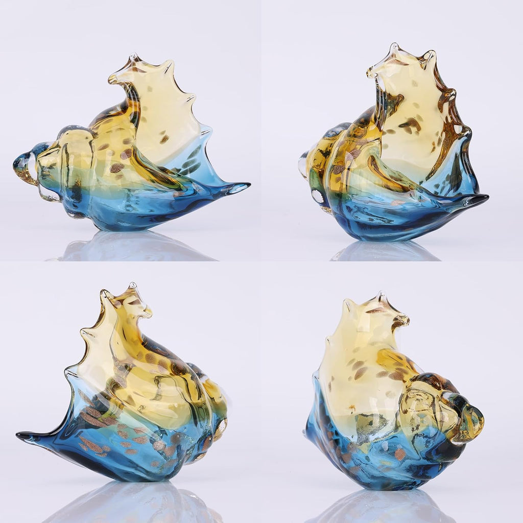 Hand Blown Glass Conch Statues, Blue and Amber Glass Art Figurines, Conch Shells for Coastal Home Decor, Living Room TV Stand and Bookcase Decor, Bathroom Shelf Tops and Cabinet Decor.