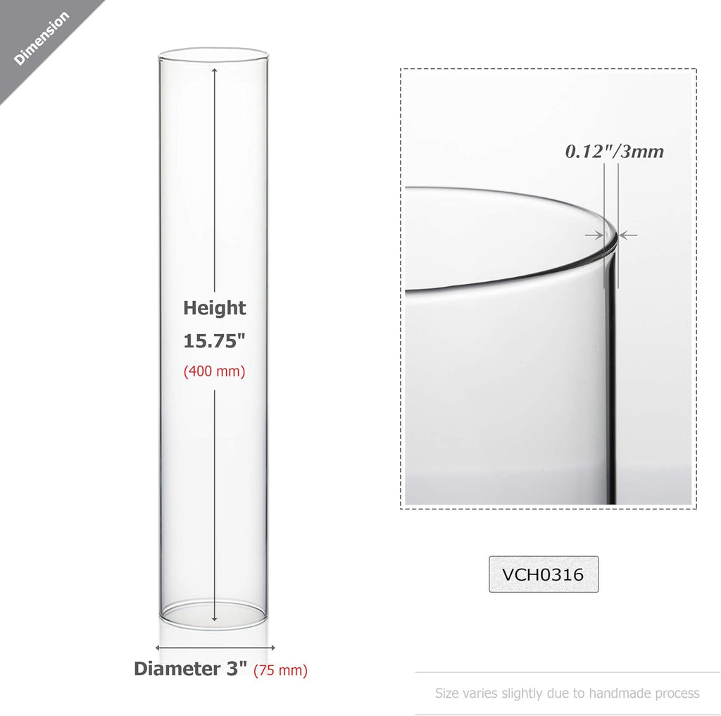 WGVI Hurricane Candle Holder Sleeve, Wide 3", Height 16", Clear Glass Cylinder Candleholder, Chimney Tube, Open Ended Candle Shade, 12 Pieces Bulk