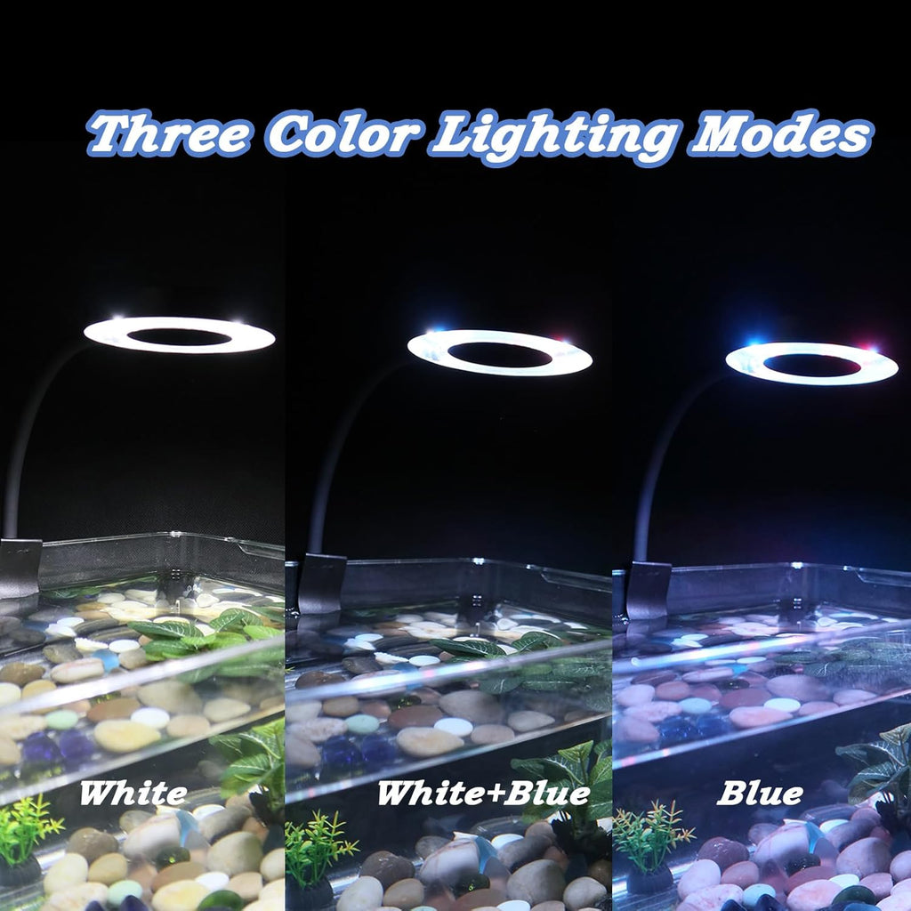 Small Aquarium Light Clip on Fish Tank Light LED USB Full Spectrum Light with Dimmer Multi-Color White+Blue+Red for 1-5 Gal Betta Tank (Adapter NoT Included, No Timer)
