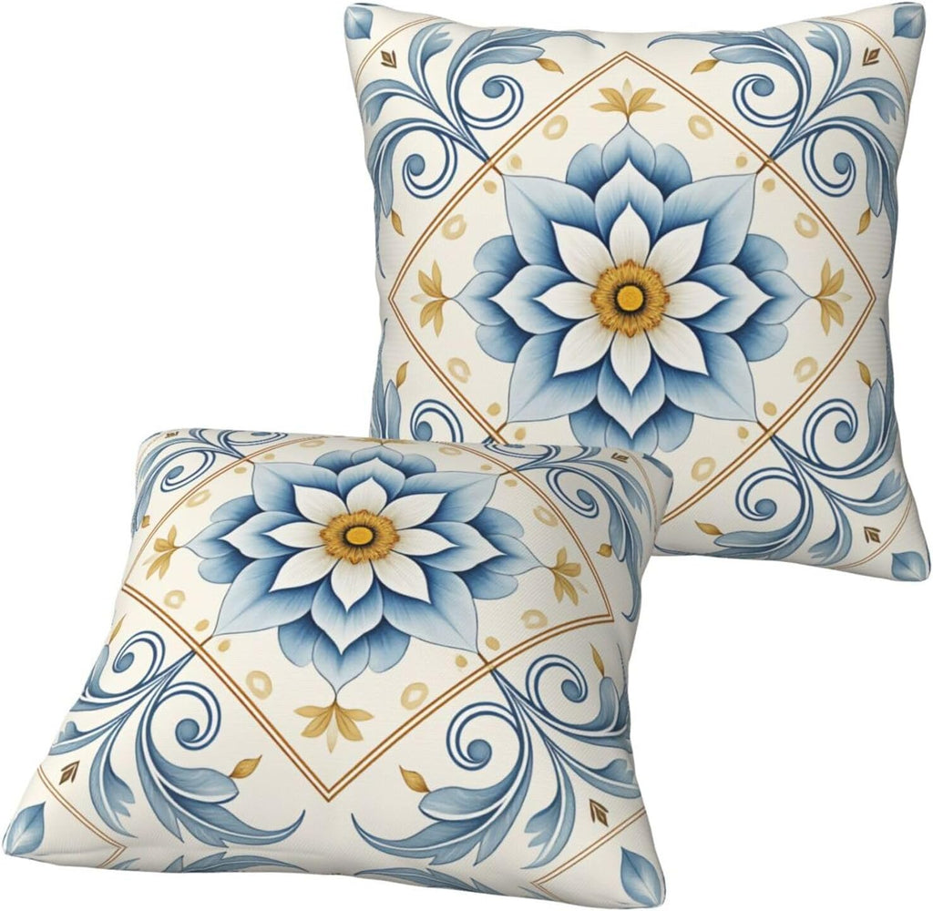 Mediterranean Blue Floral Throw Pillow Covers Set of 2 Ultra-Soft All-Season Pillow Shams with Hidden Zipper,Durable for Sofa Bed Car Decor & Gift Luxury 18x18IN