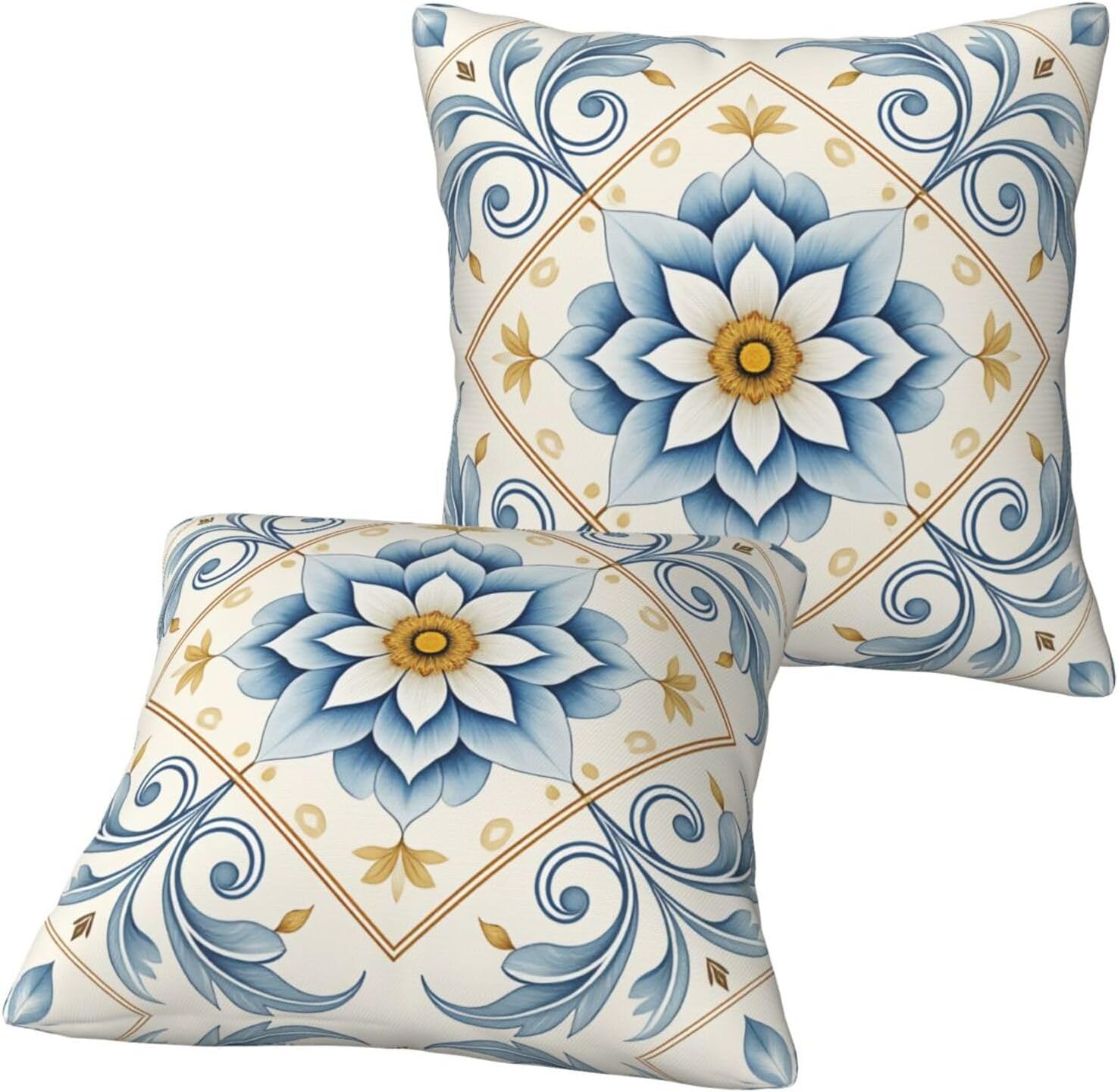 Mediterranean Blue Floral Throw Pillow Covers Set of 2 Ultra-Soft All-Season Pillow Shams with Hidden Zipper,Durable for Sofa Bed Car Decor & Gift Luxury 18x18IN