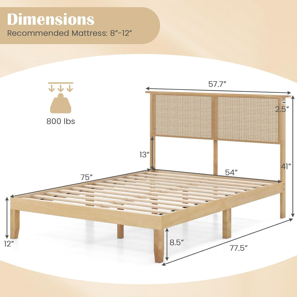 Giantex Rattan Full Bed Frame with Rattan Headboard, Boho Solid Wood Platform Bed with Wooden Slats, 12 Inch Full Size Bed Frame with Storage Underneath, No Box Spring Needed, Natural