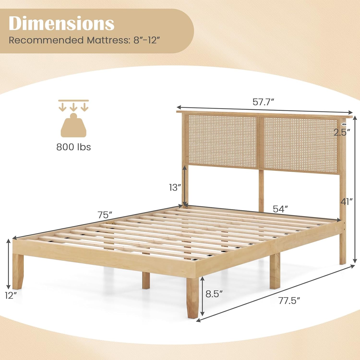 Giantex Rattan Full Bed Frame with Rattan Headboard, Boho Solid Wood Platform Bed with Wooden Slats, 12 Inch Full Size Bed Frame with Storage Underneath, No Box Spring Needed, Natural