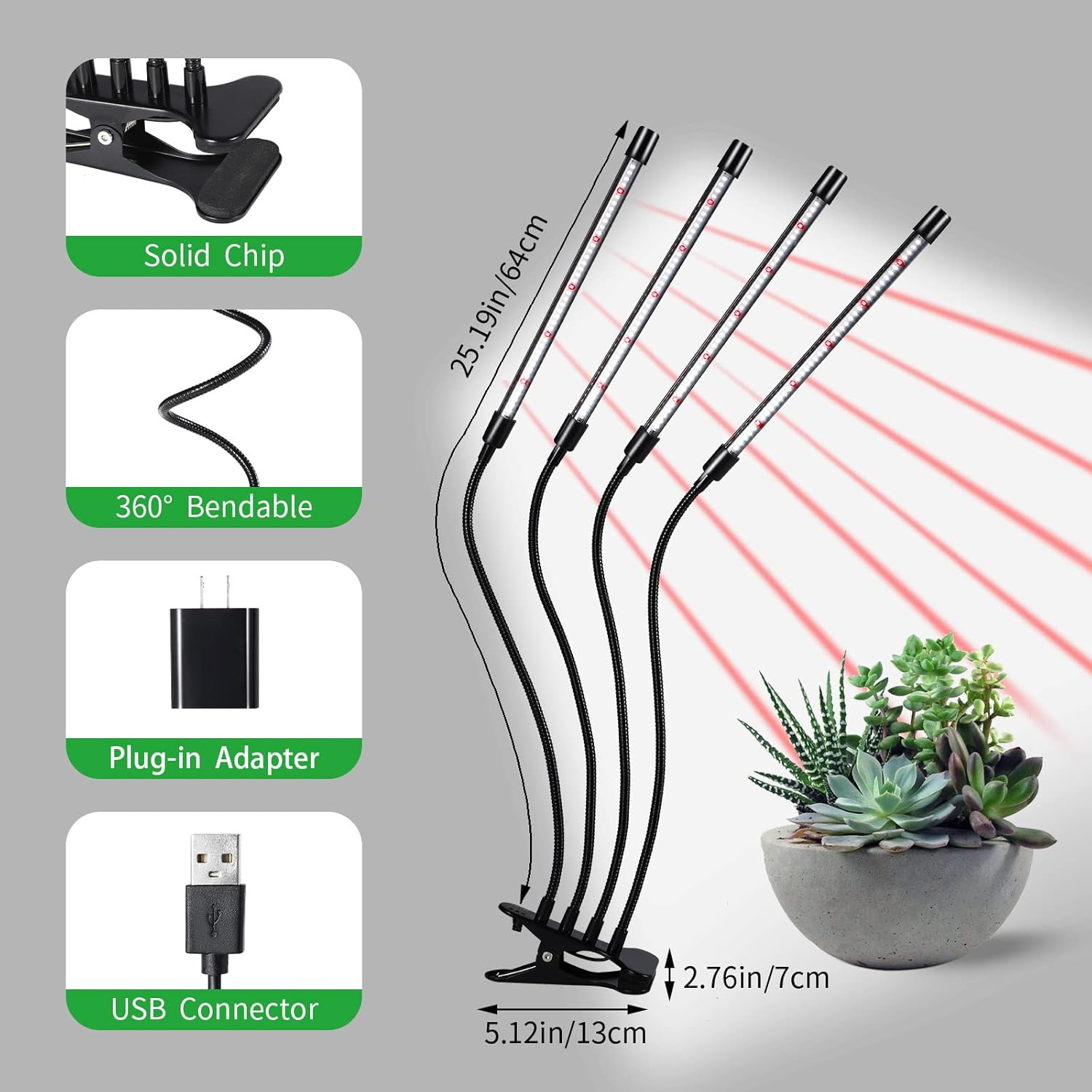 Grow Lights for Indoor Plants,168 LEDs Clip Plant Lights, Full Spectrum LED Plant Growing Lamps with Flexible Gooseneck, 3/9/12H Timer, 3 Spectral Modes, 10 Dimmable Levels, 4 Head