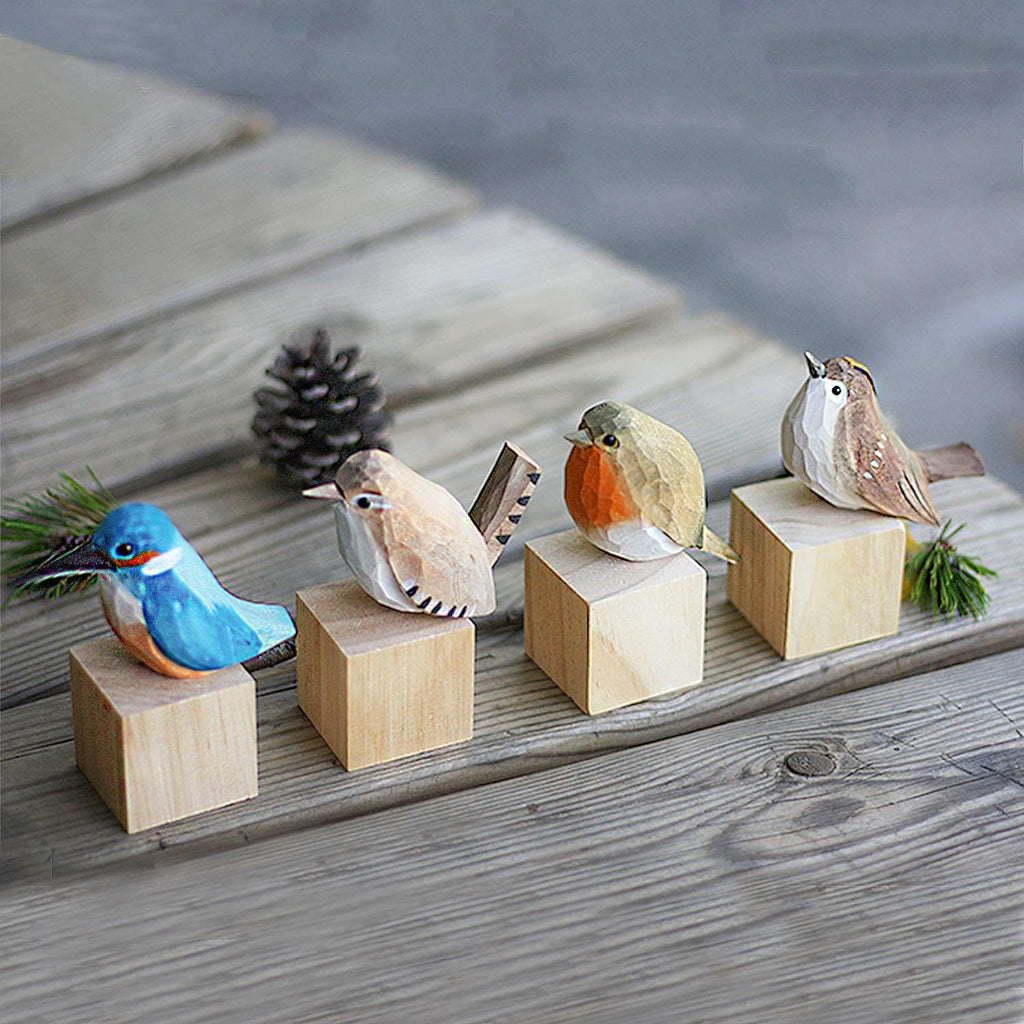 Handmade Wooden Carved Bird Decor Sculpted Hand-Painted Bird Figurines Small Home Decor Bird Statue Shelf Decor BFF Gifts for Bird Lovers (Suit 1)