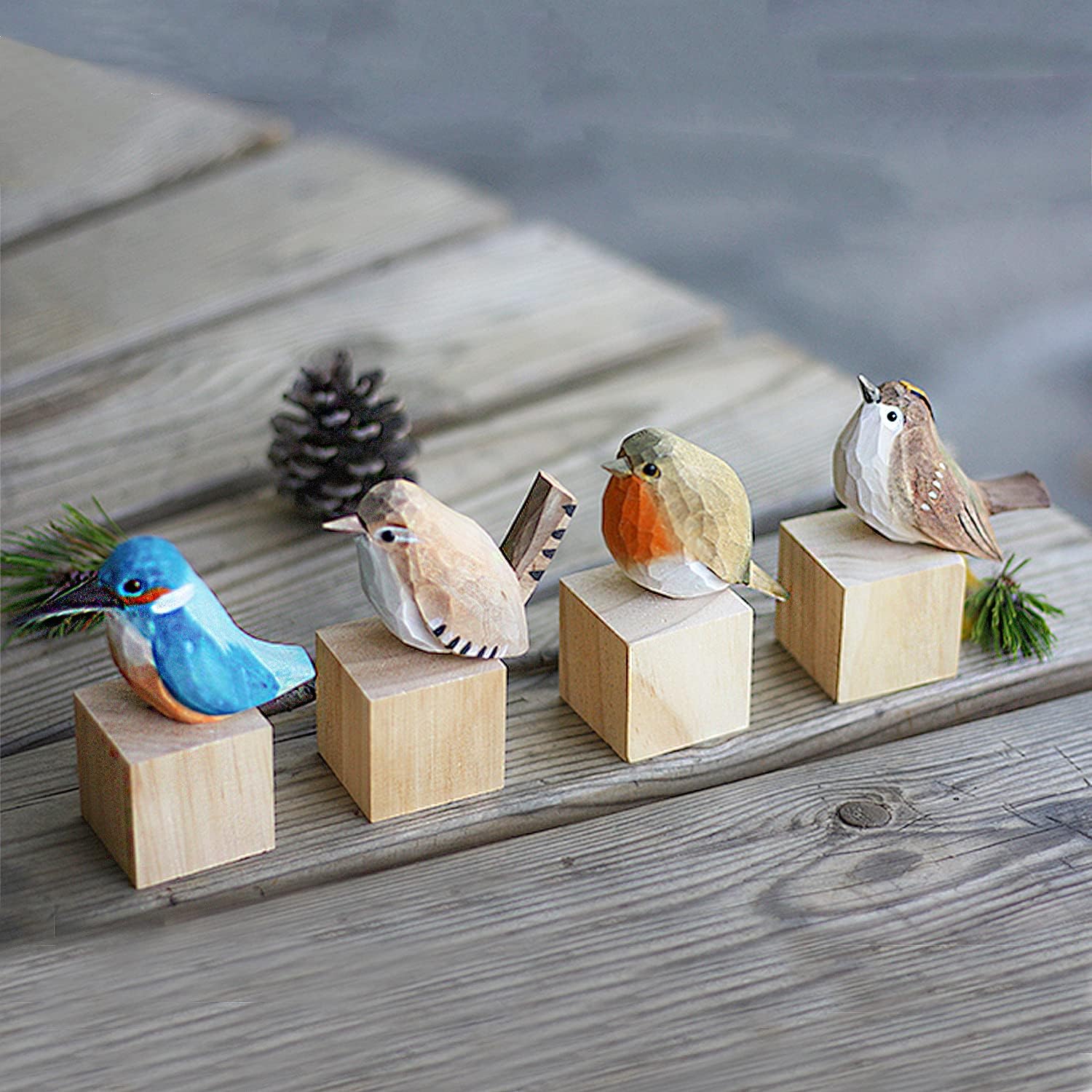 Handmade Wooden Carved Bird Decor Sculpted Hand-Painted Bird Figurines Small Home Decor Bird Statue Shelf Decor BFF Gifts for Bird Lovers (Suit 1)