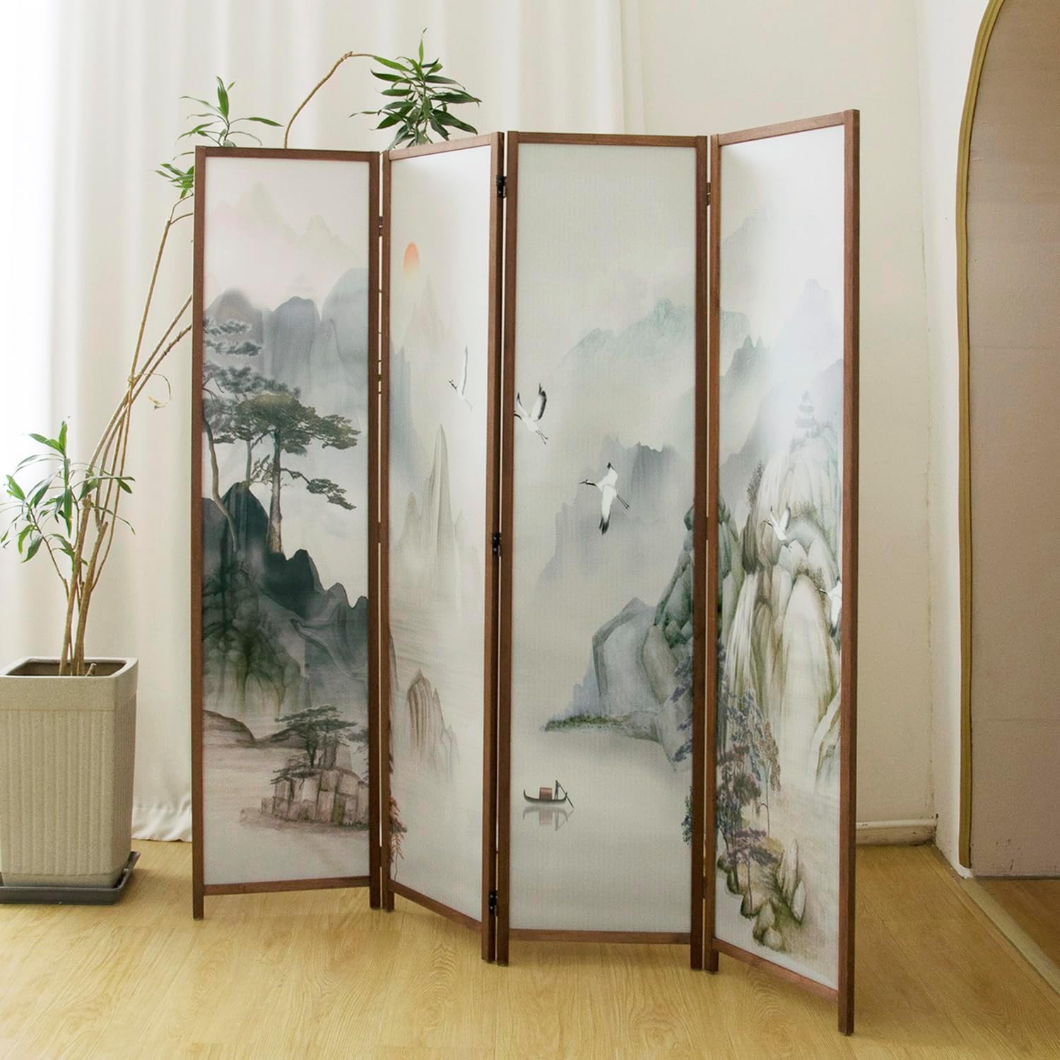 4 Panel Room Divider Folding Privacy Screen,5.6 FT Tall Double Faced Panel Screen,Blackout Panel Divider for Room Seperation,Plain Landscape
