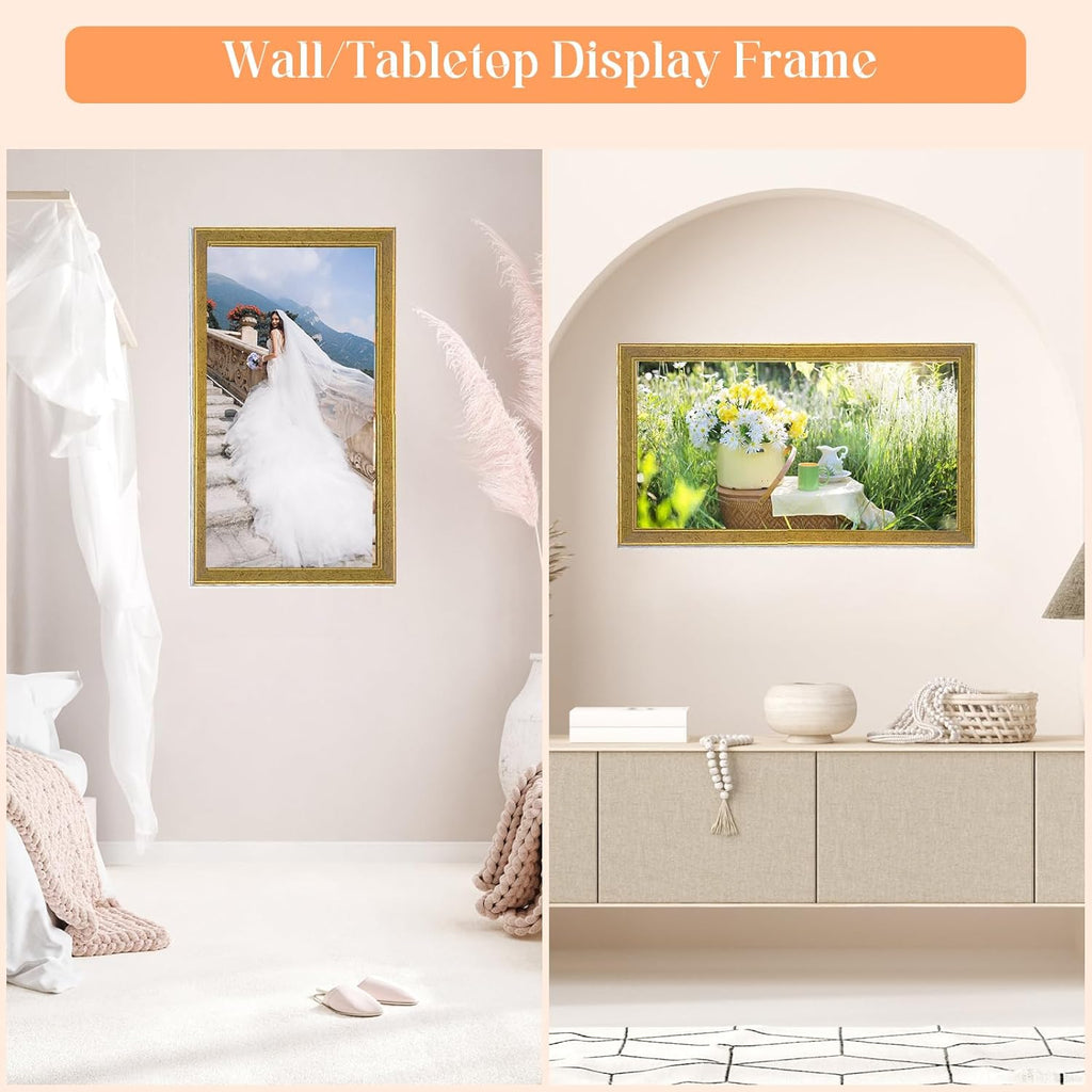 Wood 11x22 Frame Gold, Ornate Natural 22x11in Poster Picture Frame, Modern Golden 11 x 22inch Gallery Wall Photo Frame with HD Plexiglass, Horizontal Vertical Wall Mounting Display 1pcs