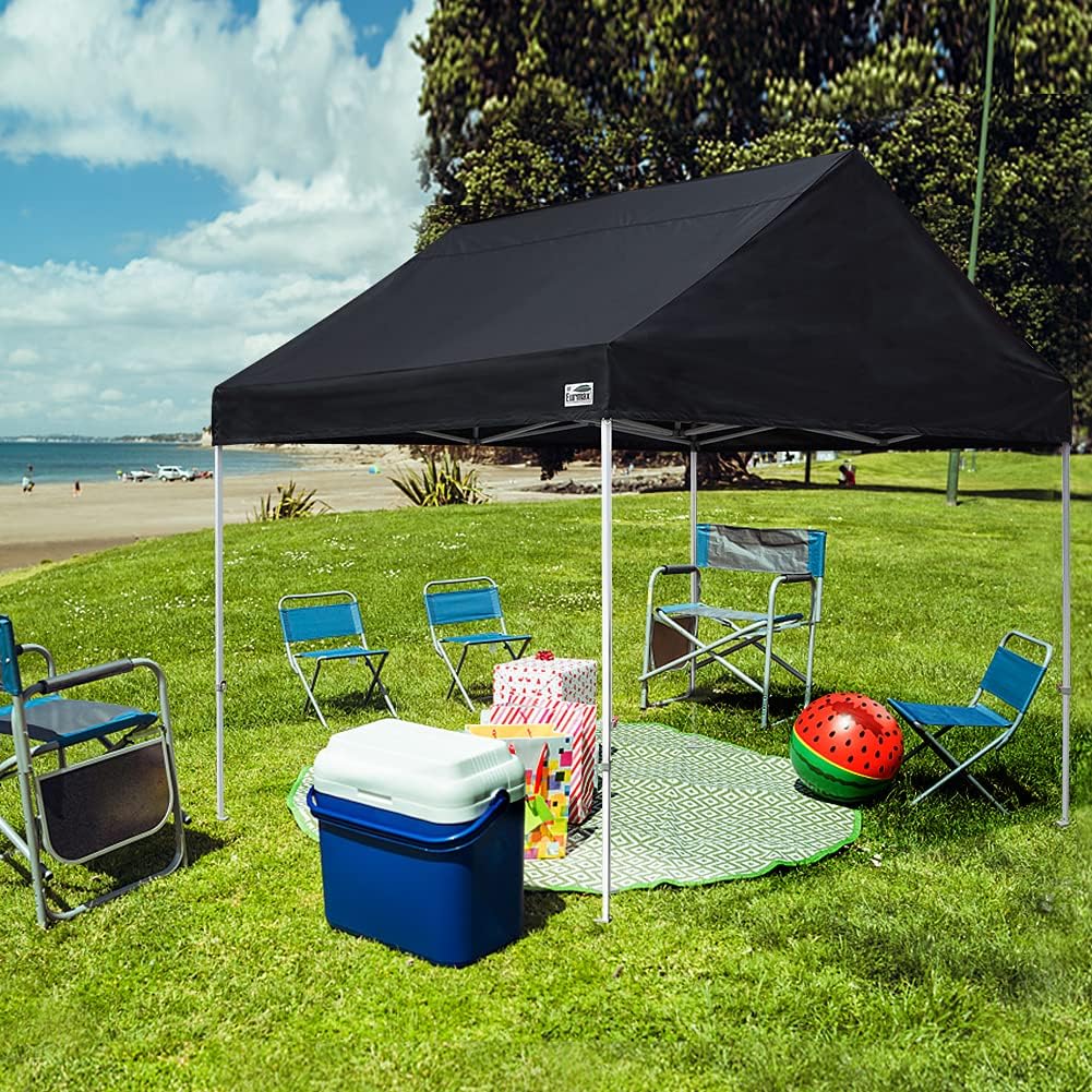 Eurmax USA Patented 10x10 Pop Up Canopy Tent Party Tent Commercial Instant Canopies Shelter with Heavy Duty Roller Bag,Bonus 4 Sand Bags (Dark Black)
