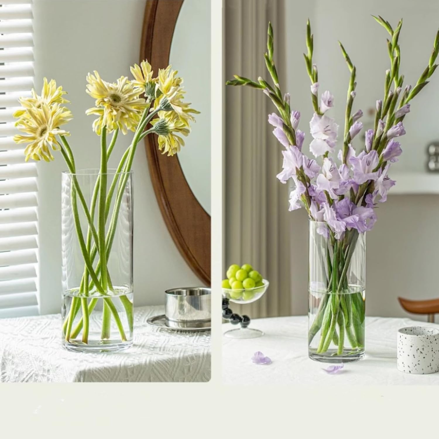 3 Clear Acrylic Cylinder Vase for Centerpieces, Tall Cylinder Plastic Hurricane Vases, Large Unbreakable Flower Vases for Wedding Bouquet (D 4.8" X H 8" + H 10" + H 12" Set of 3 + 2 Holder)