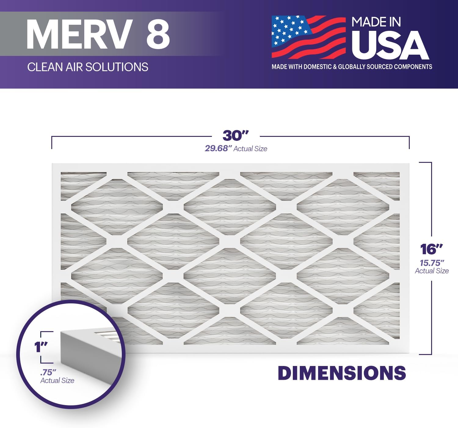 BNX TruFilter 16x30x1 Air Filter MERV 8 (4-Pack) - MADE IN USA – Dust & Pet Defense Electrostatic Pleated Air Conditioner HVAC AC Furnace Filters for Dust, Pet, Mold, Pollen MPR 600 – 700 & FPR 5