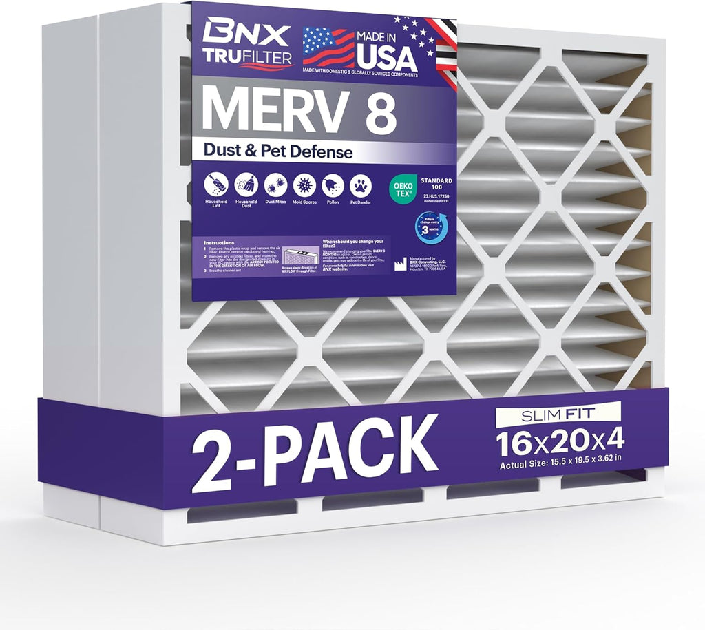 BNX TruFilter 16x20x4 (15.5’’ x 19.5’’ x 3.63‘’ Slim Fit) MERV 8 Air Filter (2-Pack) - MADE IN USA - Dust & Pet Defense Air Conditioner HVAC AC Filters for Dust, Pet, Mold, MPR 600 – 700 & FPR 5