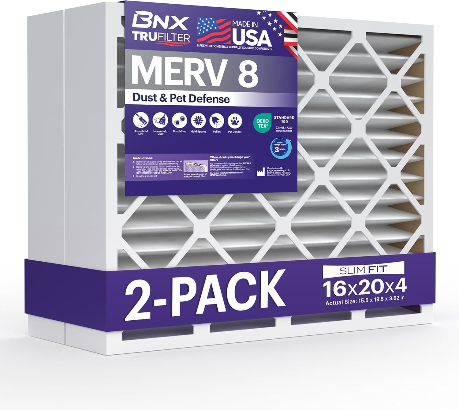 BNX TruFilter 16x20x4 (15.5’’ x 19.5’’ x 3.63‘’ Slim Fit) MERV 8 Air Filter (2-Pack) - MADE IN USA - Dust & Pet Defense Air Conditioner HVAC AC Filters for Dust, Pet, Mold, MPR 600 – 700 & FPR 5