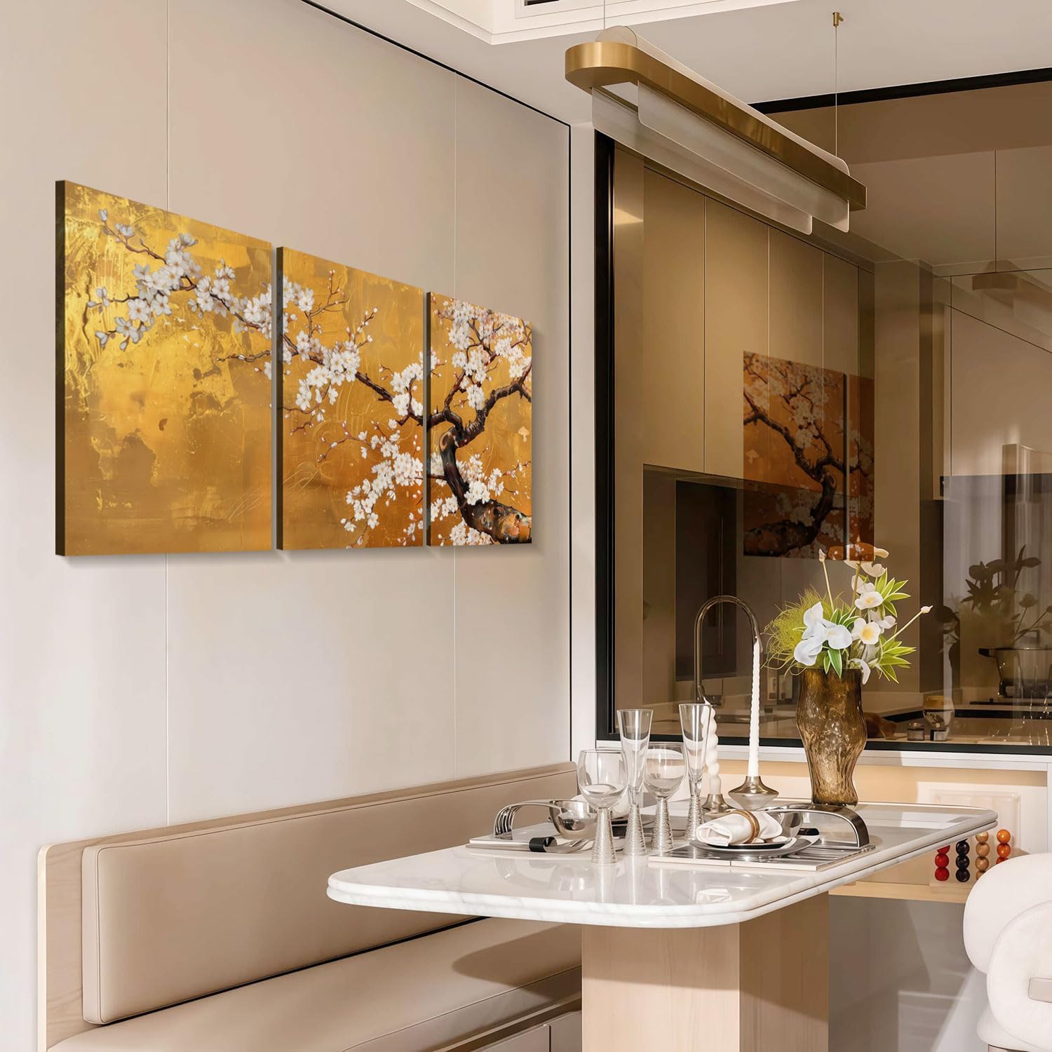 3 Pcs Framed Japanese Golden Plum Blossom Flower Wall Art Decor Canvas Print Picture Traditional Woodblock Print Style Farmhouse Poster Gallery Bedroom Living Room Office 12x16 Inch Ready to Hang