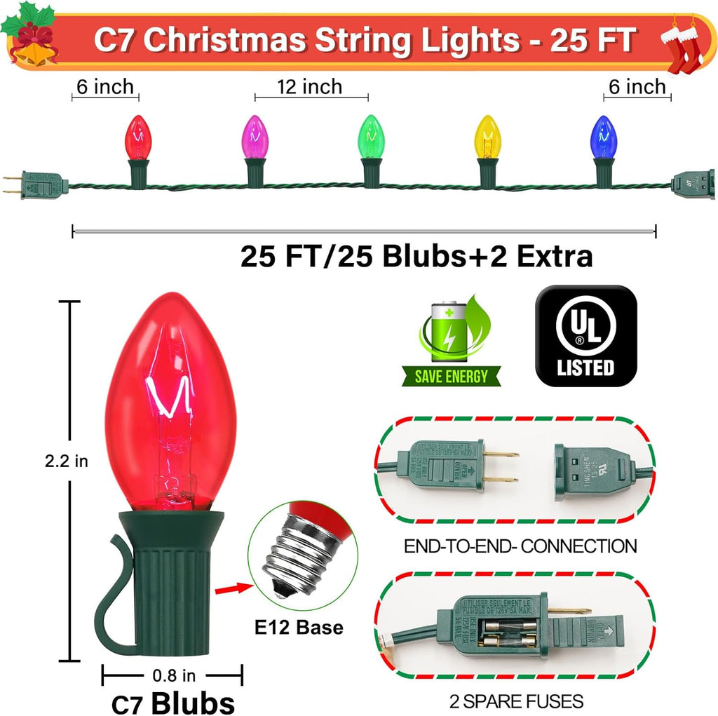 Couah C7 String Lights-25Ft Clear Vintage Multicolor Lights with 27 Colorful Incandescent Bulbs (2 Spare), Outdoor String Lights for Christmas Party Backyard Wedding- Green Wire, ULP(7)-LR(25)(5W)