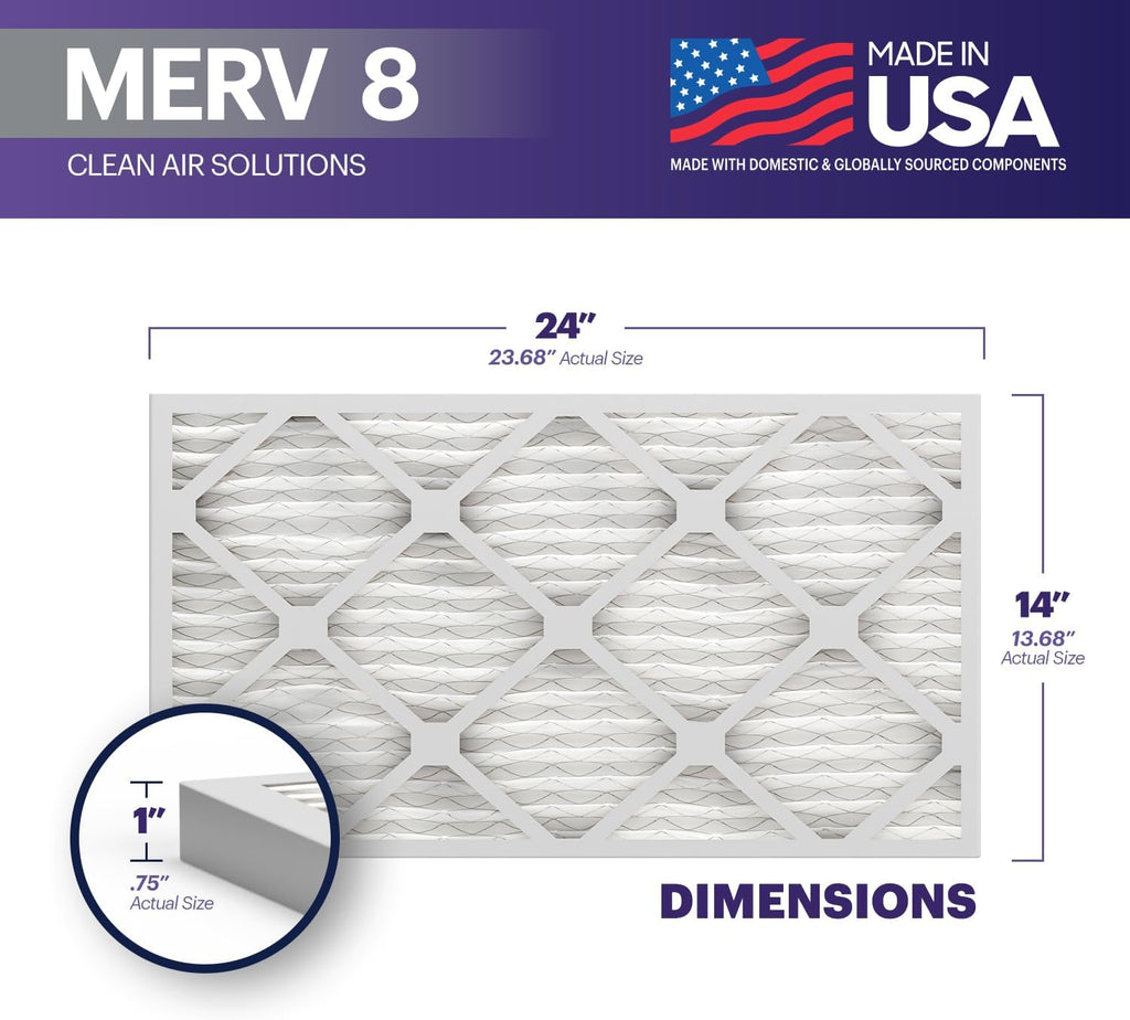 BNX TruFilter 14x24x1 Air Filter MERV 8 (4-Pack) - MADE IN USA – Dust & Pet Defense Air Conditioner HVAC AC Furnace Filters for Dust, Pet, Mold, Pollen MPR 600 – 700 & FPR 5