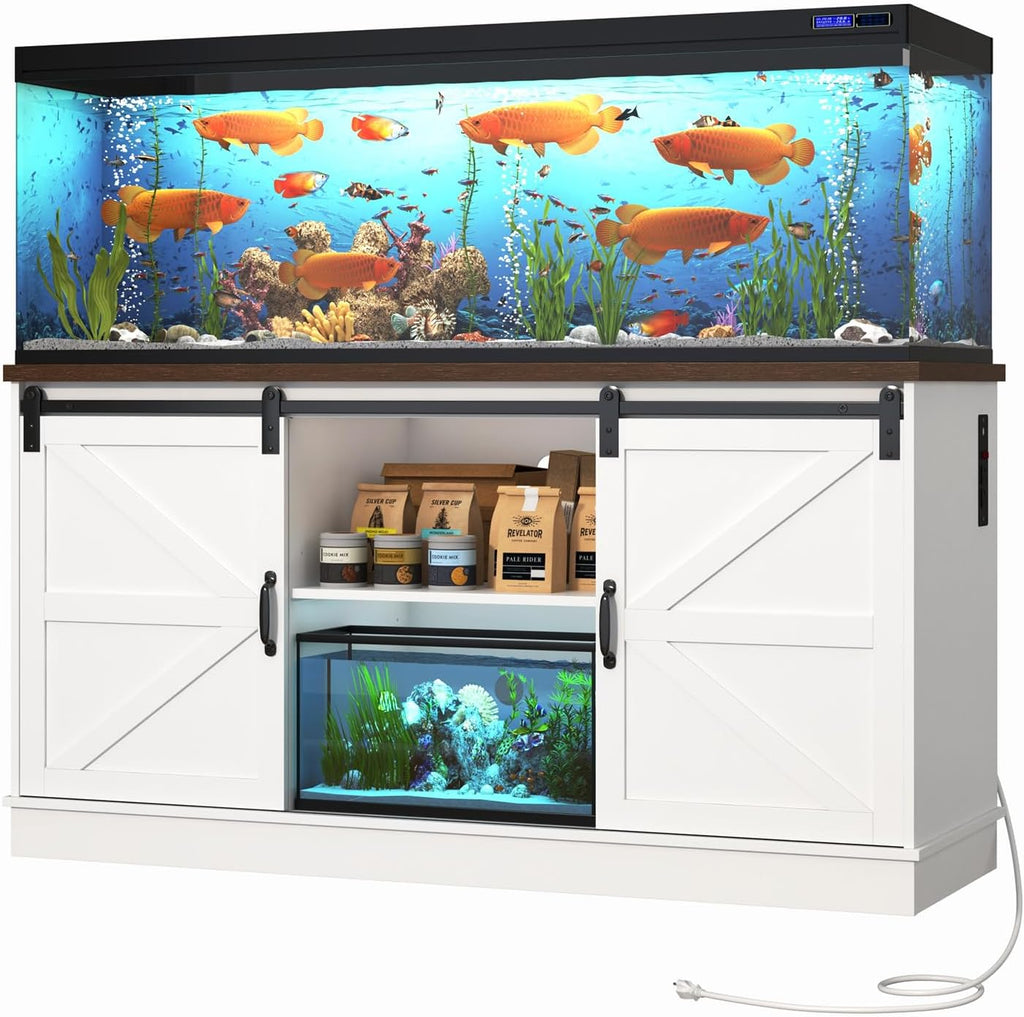 Farmhouse 75-120 Gallon Fish Tank Stand with Power Outlet, Aquarium Stand w/Cabinet&Sliding Barn Door, Heavy Duty Reptile Tank Stand for Fish/Turtle/Reptile Terrarium, 1000LB Capacity, White