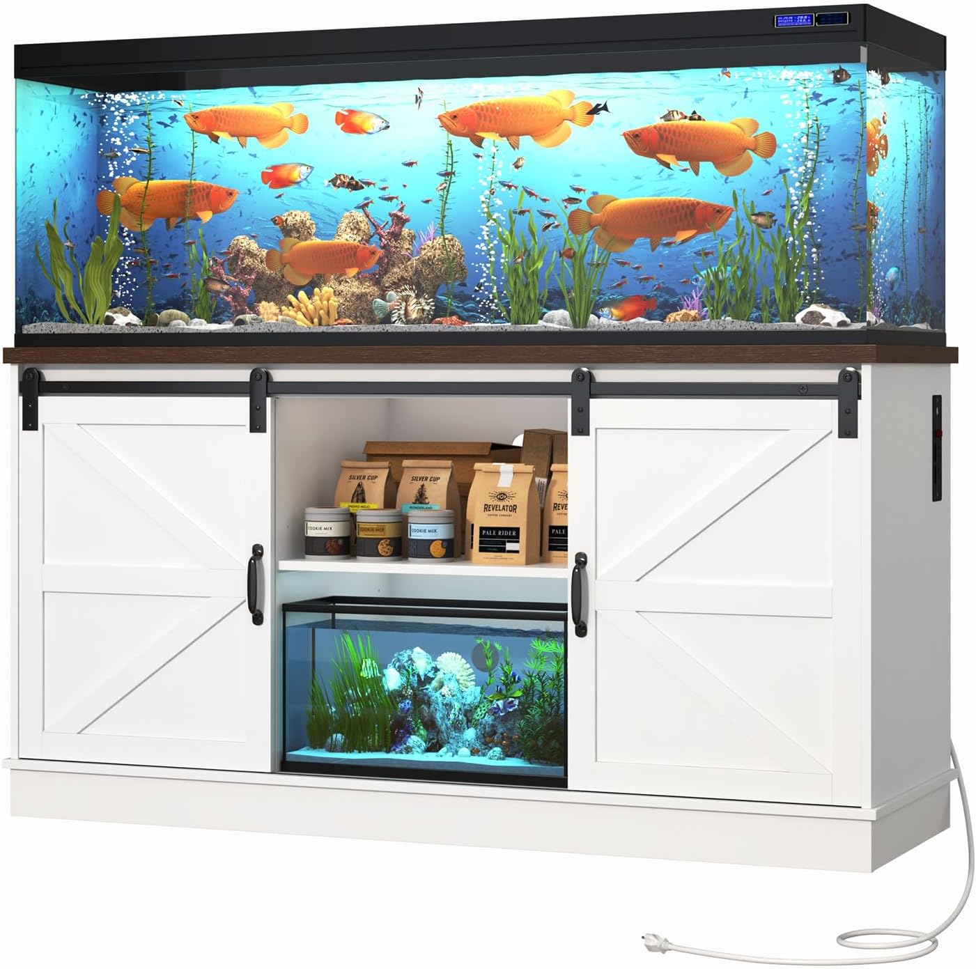 Farmhouse 75-120 Gallon Fish Tank Stand with Power Outlet, Aquarium Stand w/Cabinet&Sliding Barn Door, Heavy Duty Reptile Tank Stand for Fish/Turtle/Reptile Terrarium, 1000LB Capacity, White