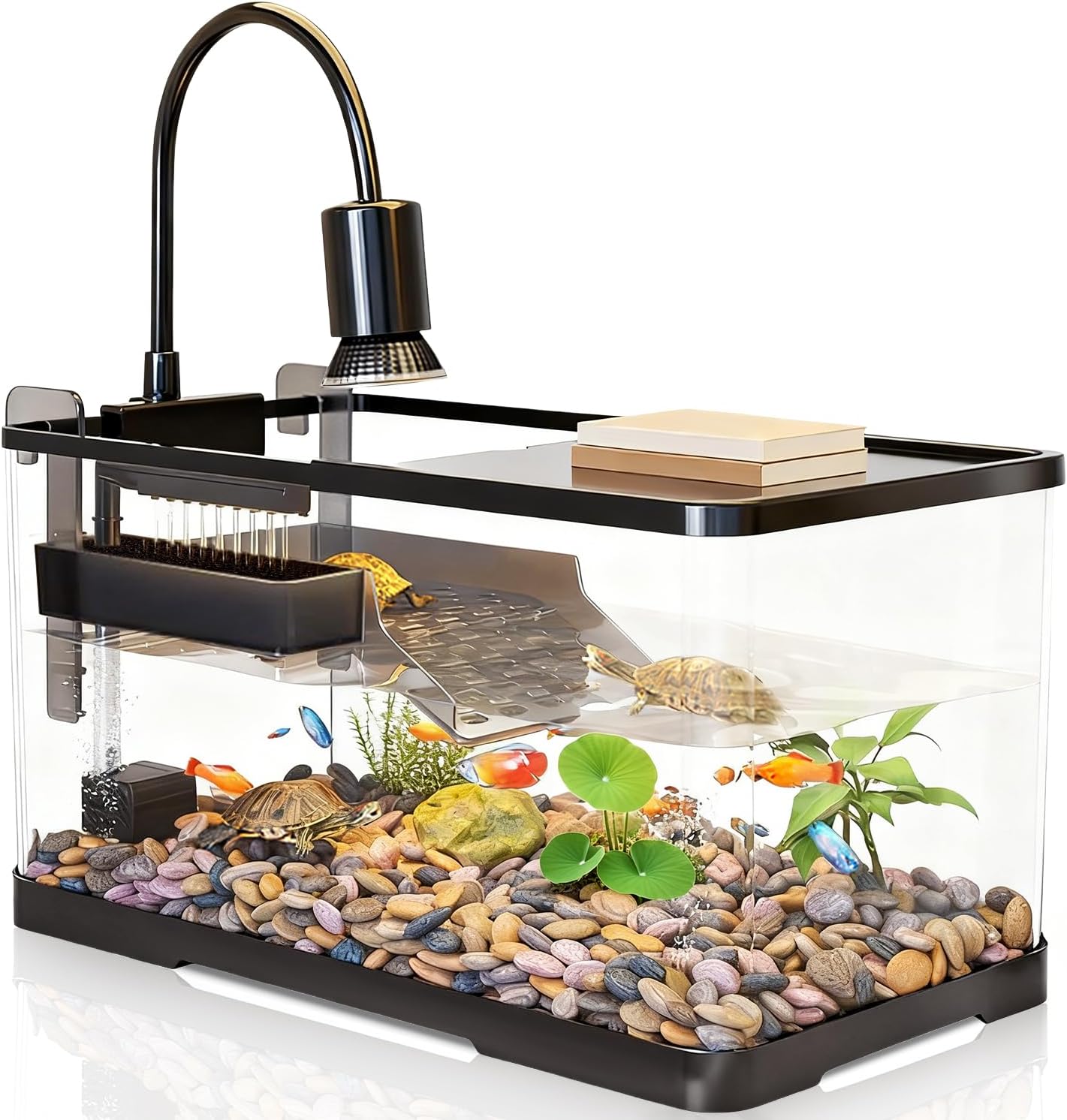 (Tank + Light +Pump + Filter Balls) Turtle Tank Kit, Turtle Tank Starter Kit,Bottom Drainage, Multi-Function Areas for Turtles, Crabs,Fishes, Amphibians,Reptiles. (11.81 x 7.88 x 7.88 Inch)
