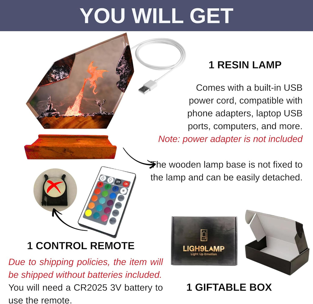Dragon Resin Lamp – Fantasy Night Light with 16 Color LED, USB Powered Dragon Desk Lamp with Wooden Base & Remote, Handmade Gift for Christmas, New Year